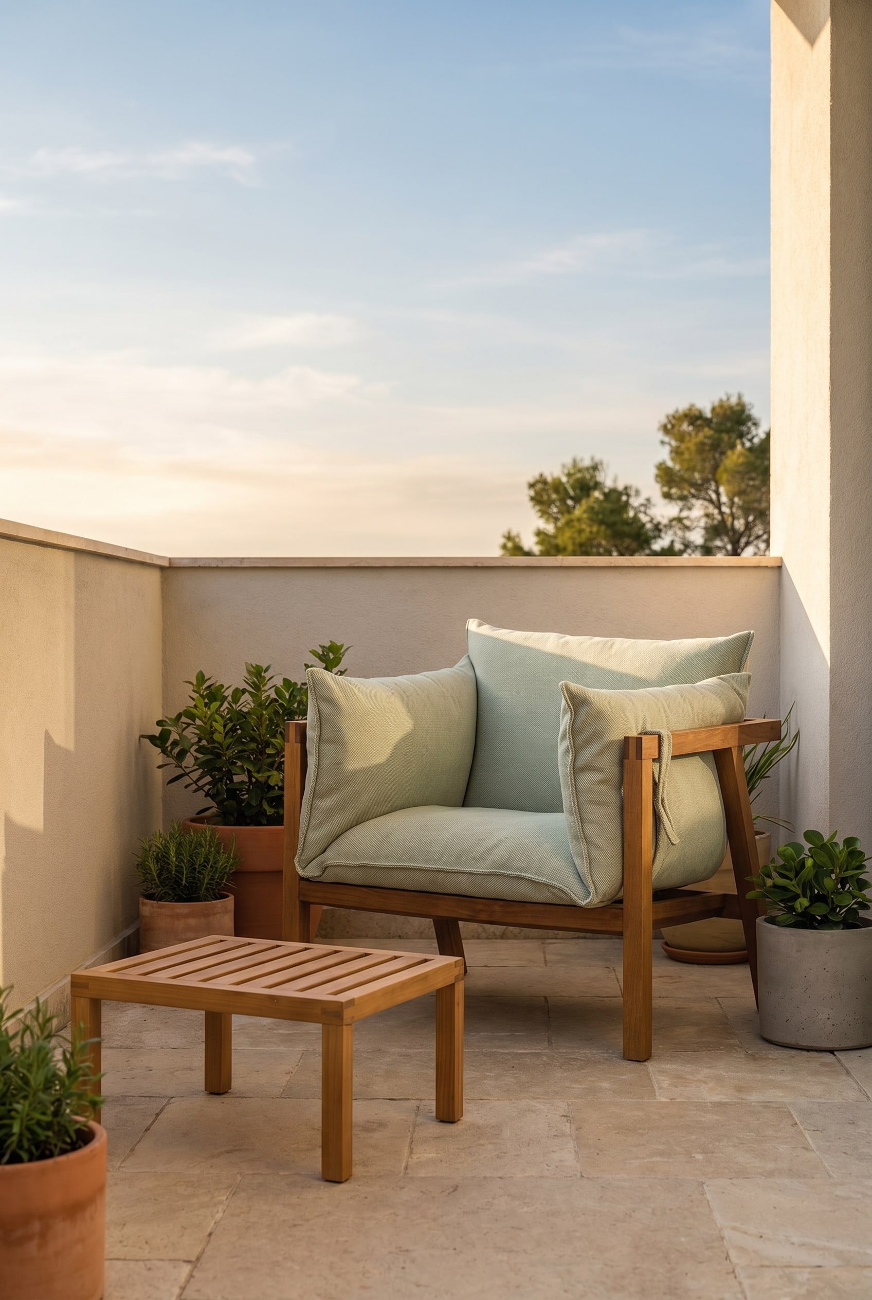 Kleiner Balkon mit Holzrahmen-Loungesessel und tiefen Kissen in hellem Grün auf Natursteinboden