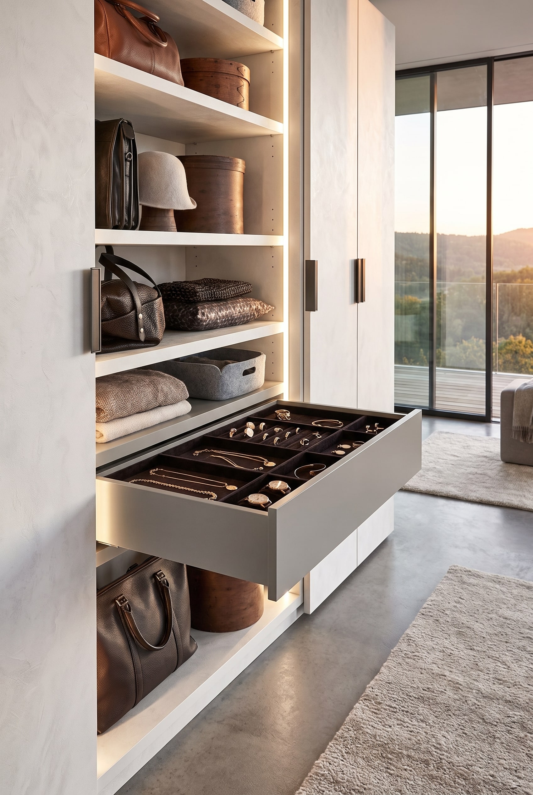 Ge&ouml;ffneter flacher Accessoire-Auszug in einem Kleiderschrank mit exakt unterteilten Samtf&auml;chern f&uuml;r Ringe und Armreifen.