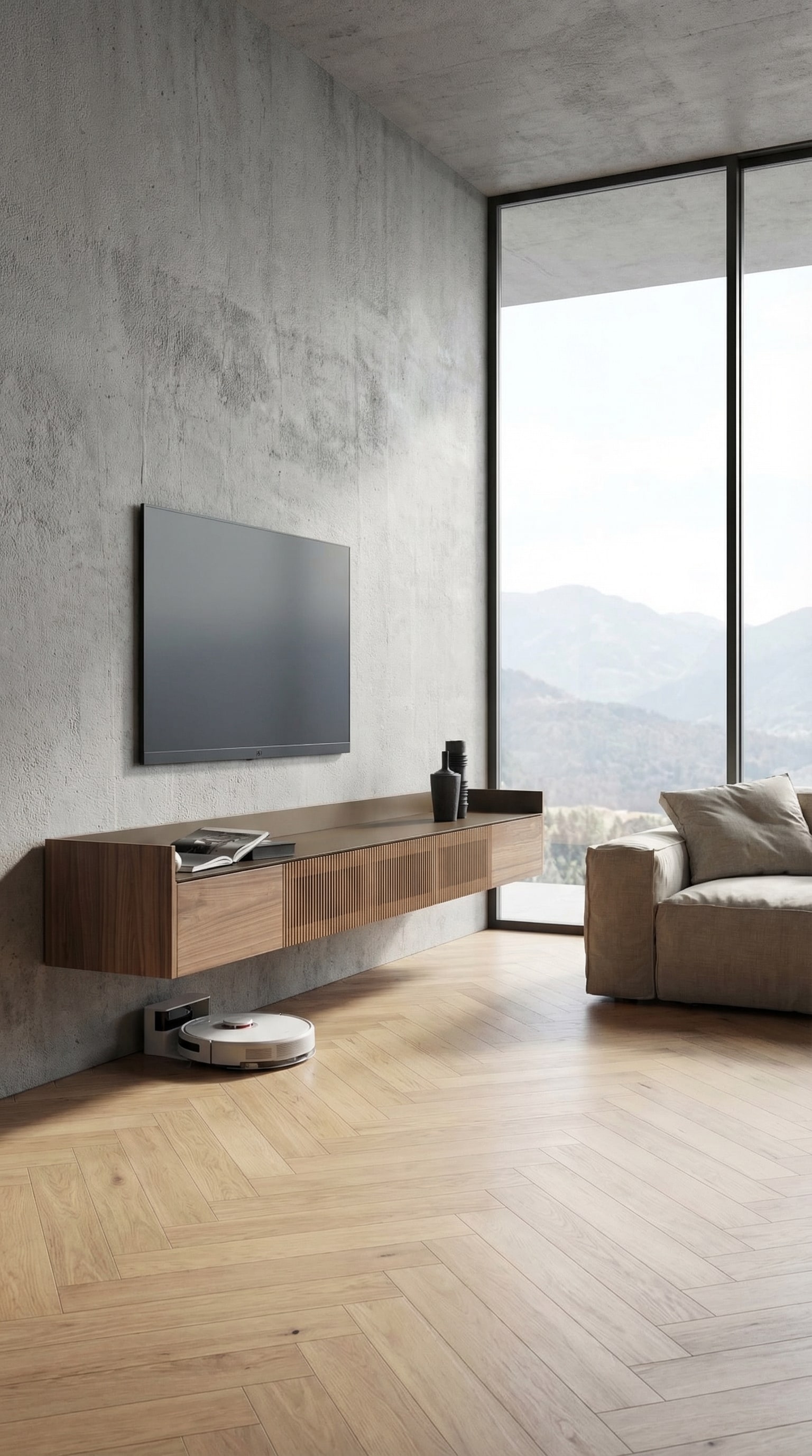 Ein schwebendes Wand-Sideboard in einem modernen Wohnzimmer mit viel Bodenfreiheit Ein schwebendes Wand-Sideboard in einem modernen Wohnzimmer mit viel Bodenfreiheit
