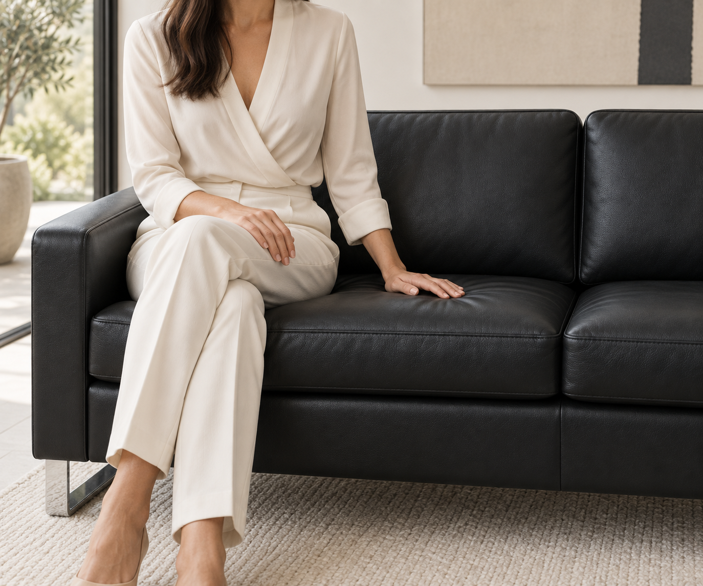 Livitalia Sofa Vinaro, 206 × 91 cm, Seminole 04 Schwarz, Echtleder, Chromkufen – Echtleder und Handdetail