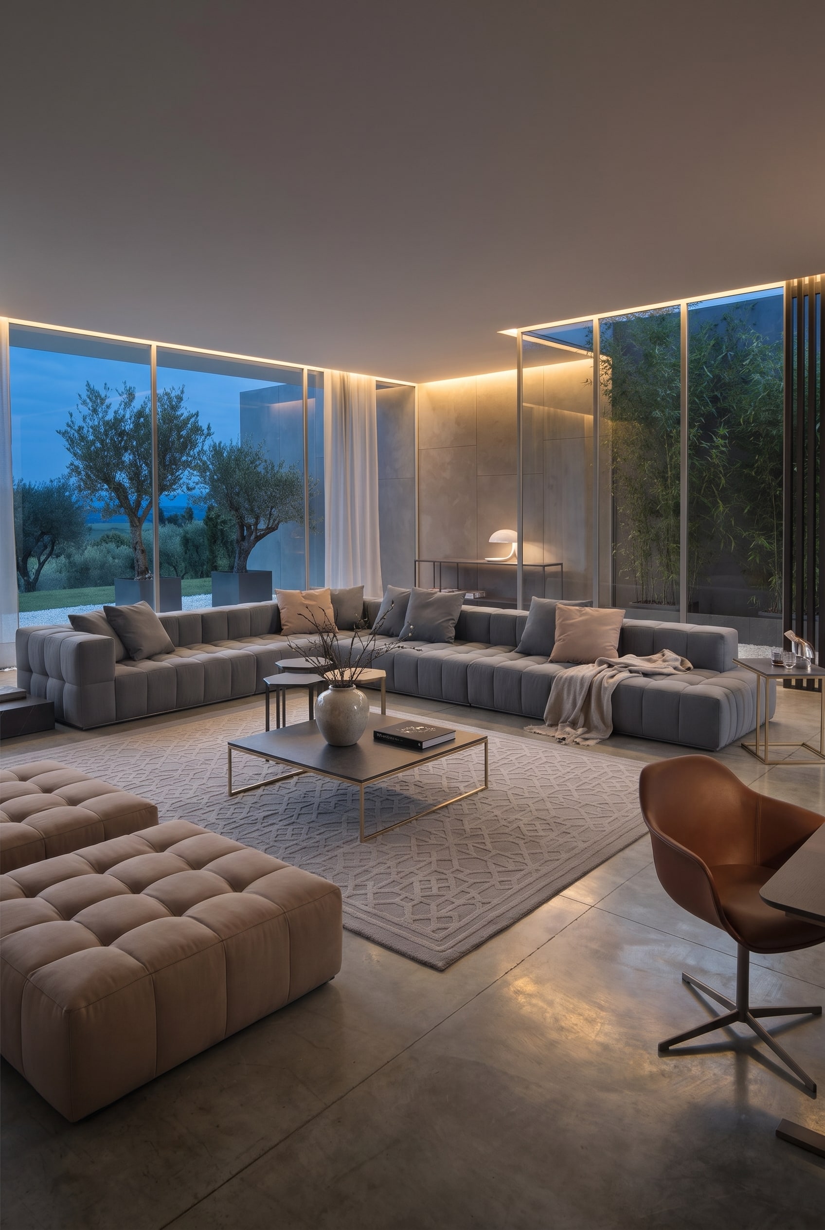 Modernes Wohnzimmer mit gro&szlig;em, modularem Stoffsofa in Grau, das als Wohninsel freistehend in der Raummitte platziert ist.