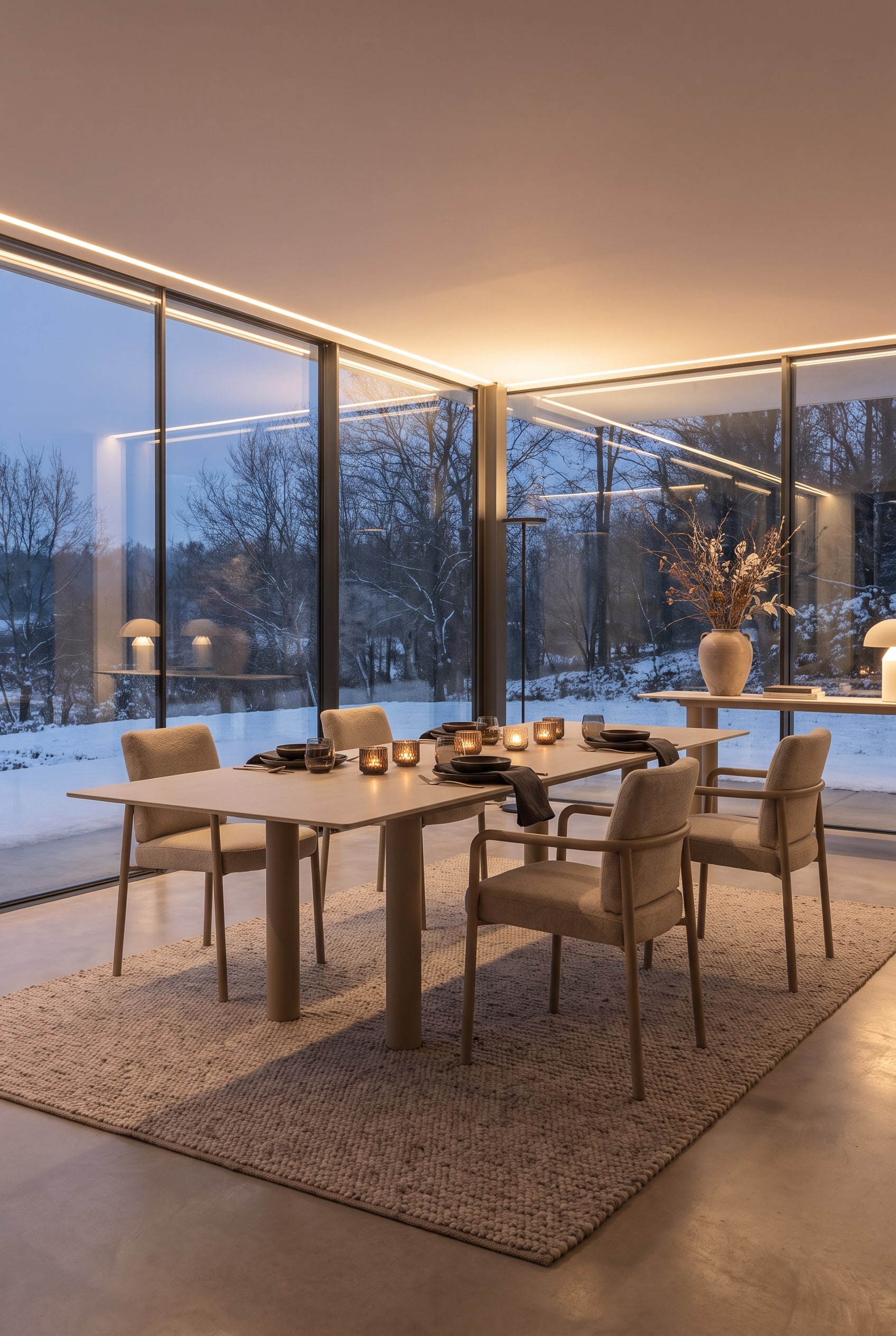 Großer, eleganter Esstisch aus hellem Material in einem Wintergarten, umgeben von gepolsterten Armlehnstühlen auf einem weichen Teppich. Stilvoll gedeckter Tisch mit Keramikgeschirr.