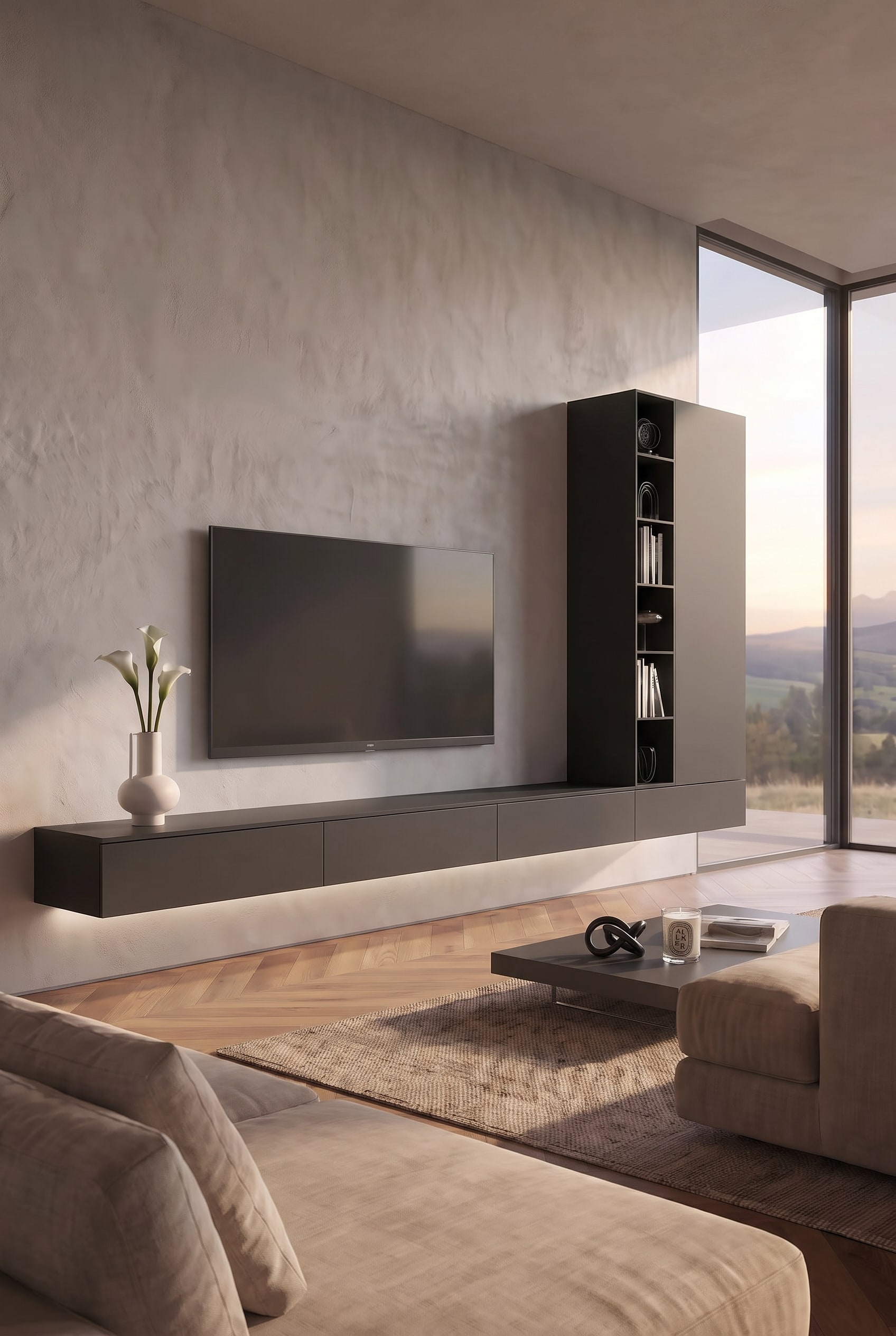 Eine wandhängende XXL-Wohnwand in schwebender Optik an einer massiven Wand in einem modernen Wohnzimmer
