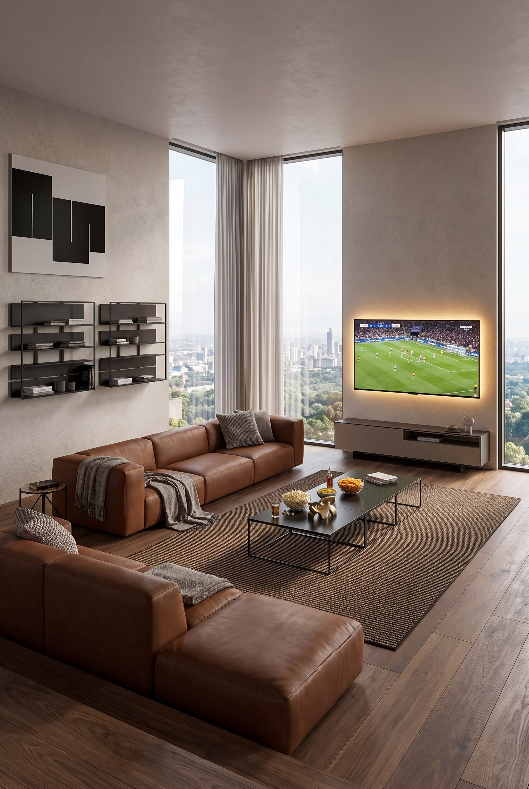 Großzügiges modulares Ledersofa in U-Form, arrangiert als gemütliches Heimkino in einem modernen Wohnzimmer.
