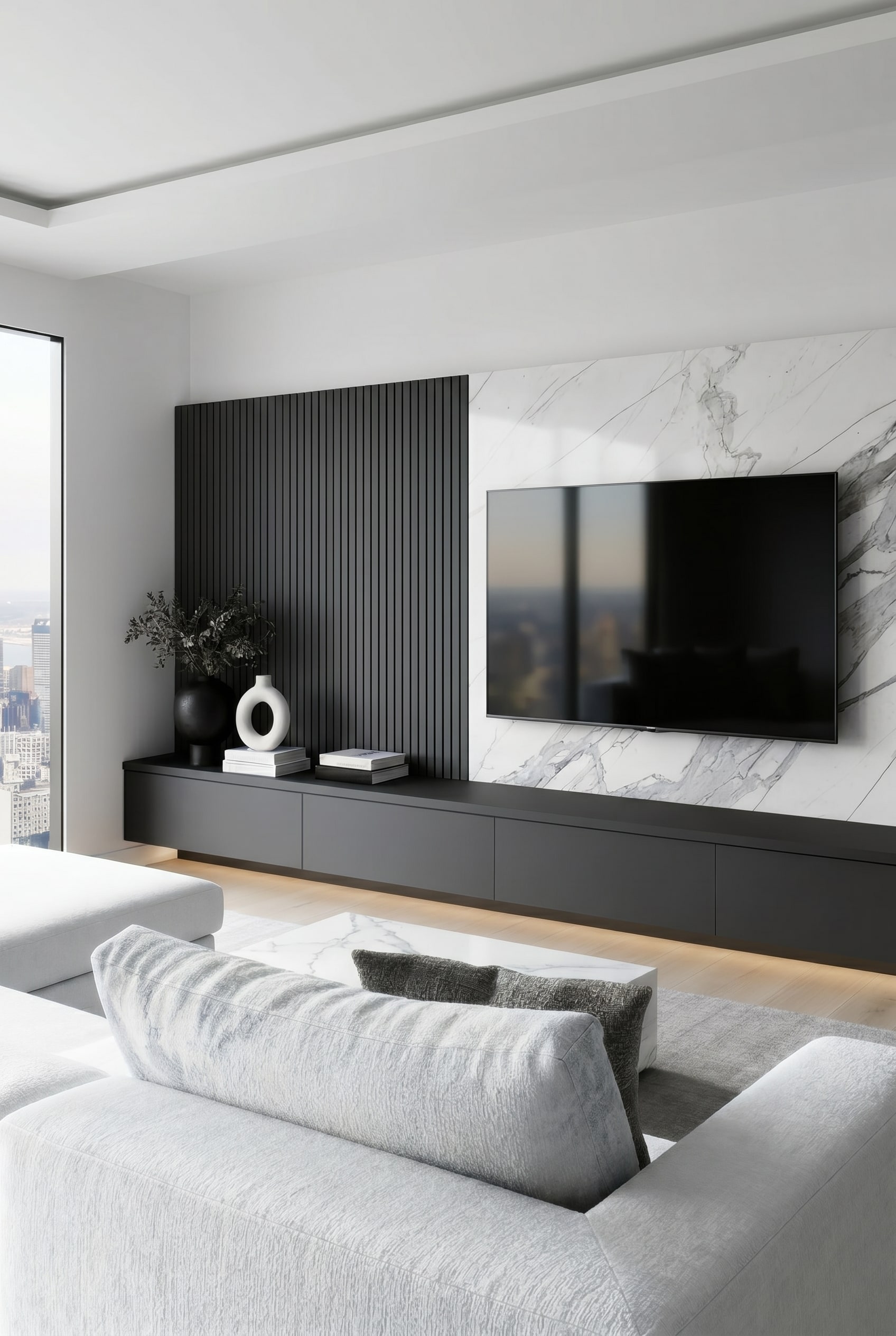 3D Visualisierung einer modernen Wohnwand nach Maß in einem großzügigen Wohnzimmer mit bodentiefen Fenstern 3D Visualisierung einer modernen Wohnwand nach Maß in einem großzügigen Wohnzimmer mit bodentiefen Fenstern