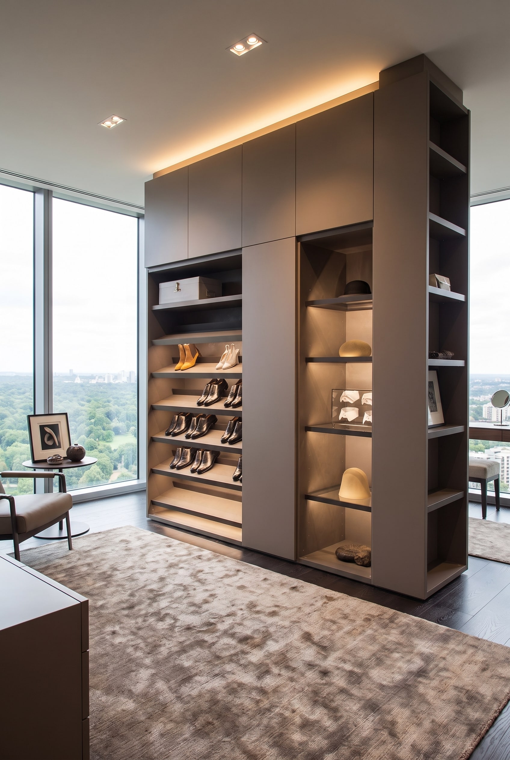 Blick in einen ge&ouml;ffneten Livitalia Design Schuhschrank mit geneigten Ablageb&ouml;den und systematisch sortierten Schuhen
