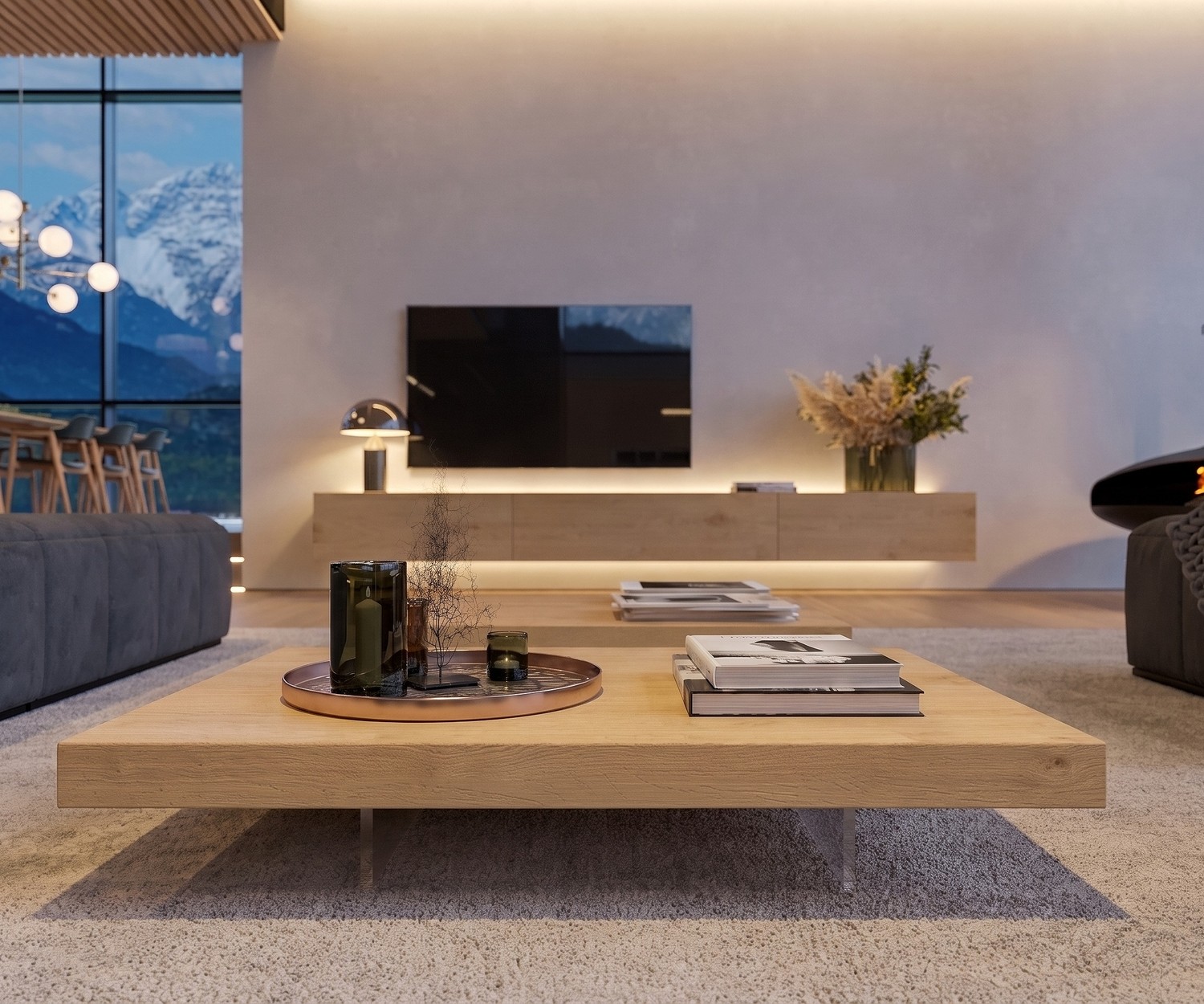 Modernes Wohnzimmer mit dem Livitalia Couchtisch Low aus hellem Eichenholz und schwebenden Glasfüßen.