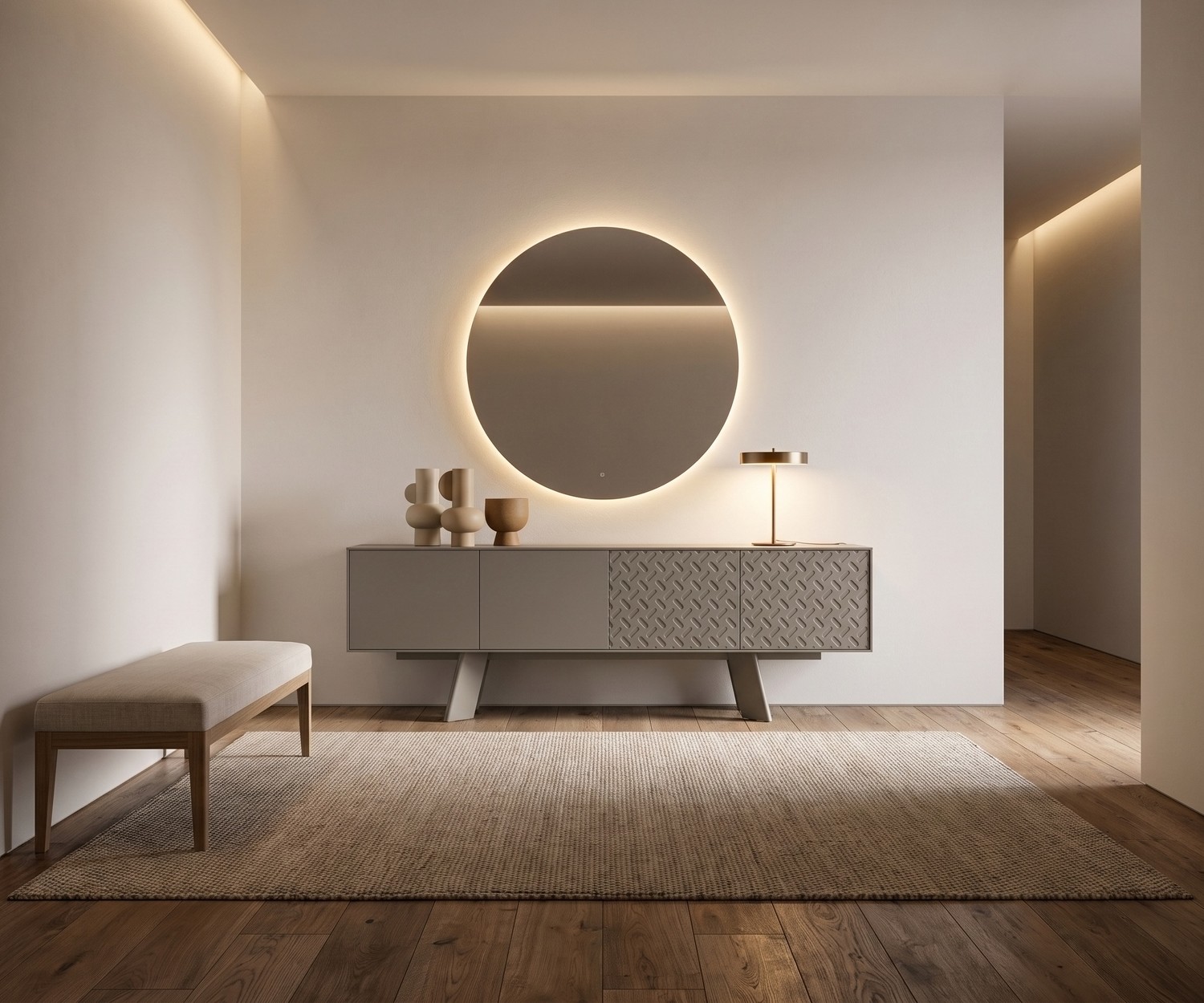Sideboard Alhambra 003 von al2 als Flurkommode. Minimalistischer grauer Schrank mit geprägter Front und rundem Spiegel.