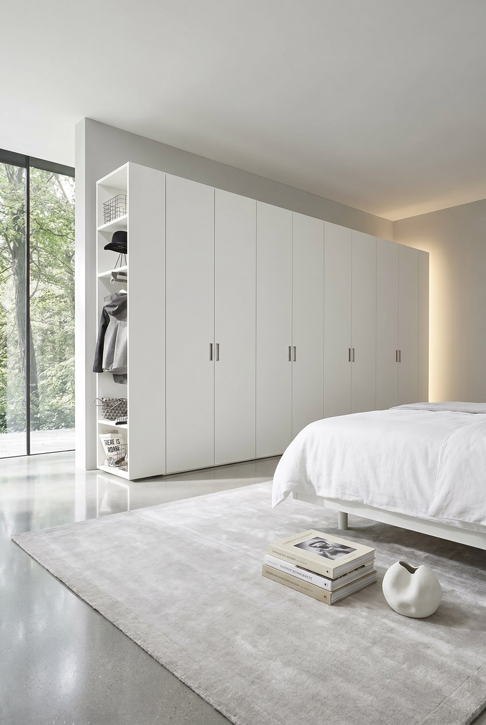 Aufgeräumtes Schlafzimmer mit glattem Kleiderschrank in Weiß mit Flügeltüren, indirekter Wandbeleuchtung und einem gestapelten Bildband auf dem Boden