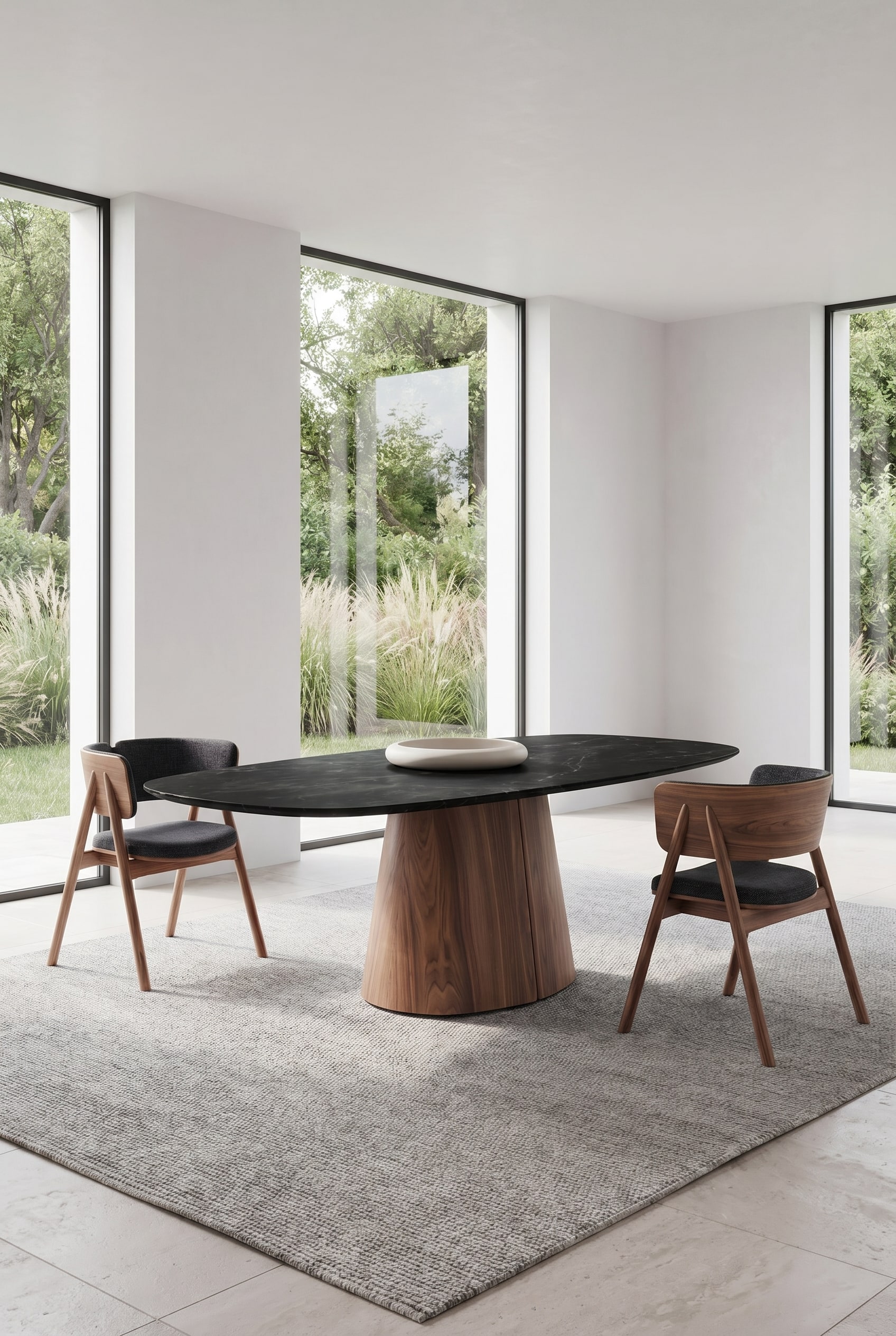 Modernes Esszimmer mit organisch geformtem Holztisch, flacher ovaler Keramikschale und anthrazitfarbenen St&uuml;hlen