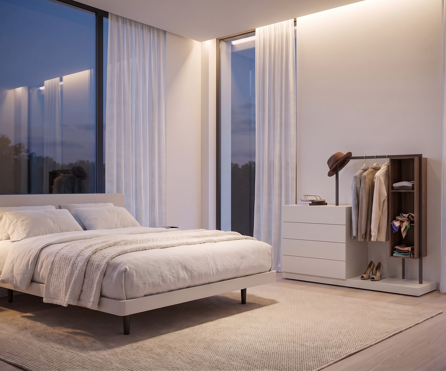 Design Kommode Easy 4 mit Garderobe von Novamobili Novamobili Kommode Easy 4 mit Garderobe im modernen Schlafzimmer. Weißer Schubladenschrank mit Kleiderstange und Holzregal.