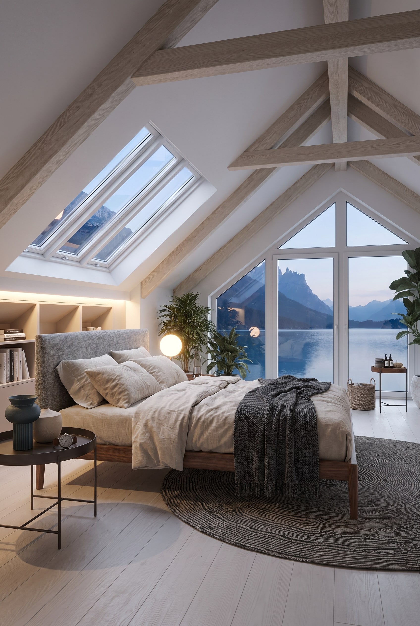Elegantes Bett mit Holzrahmen und grauem Polsterkopfteil in einem hellen Schlafzimmer unter dem Dach
