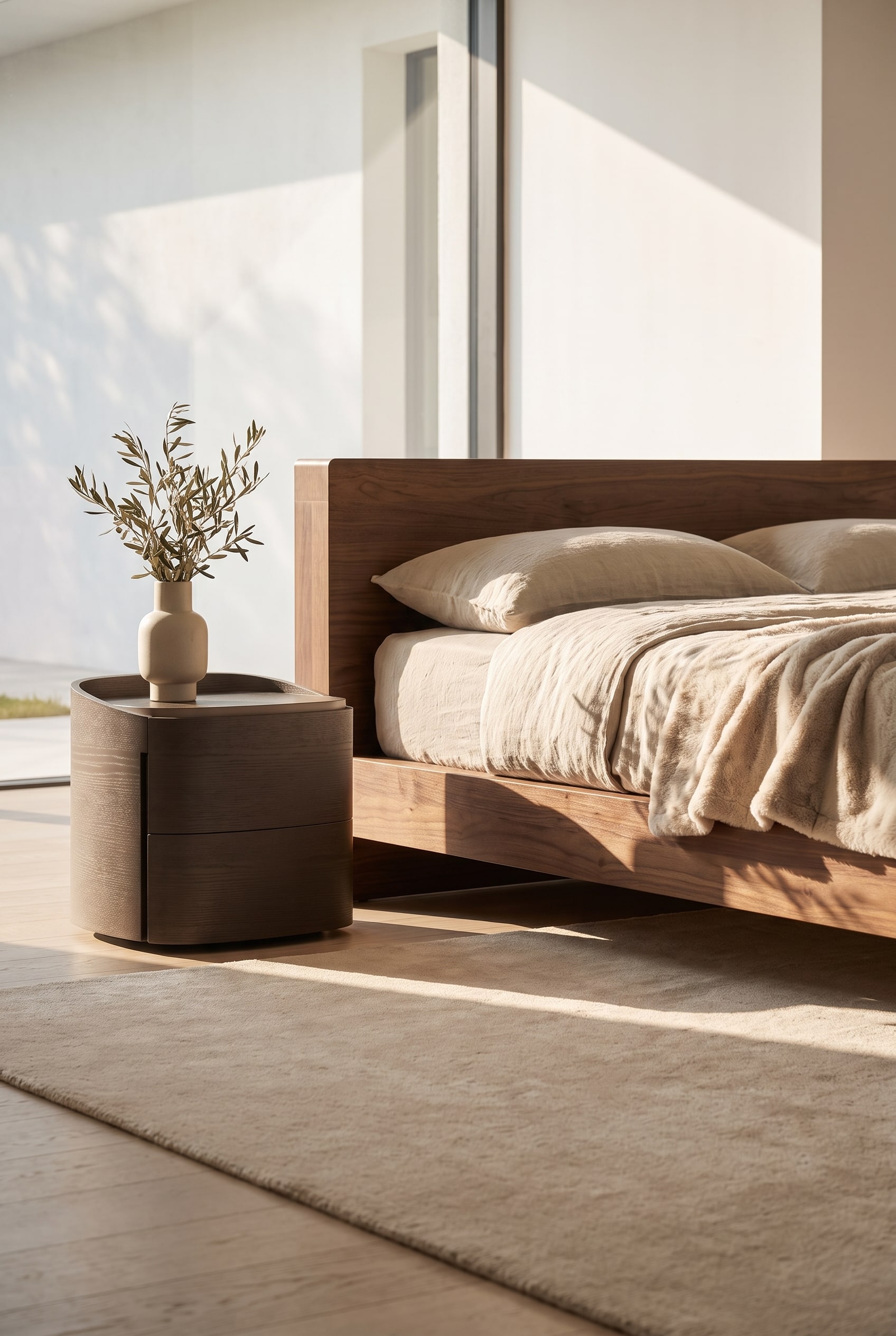 Helles Schlafzimmer mit eckigem Holzbett und dem zylindrischen Livitalia Nachtschrank Round in Mattlack