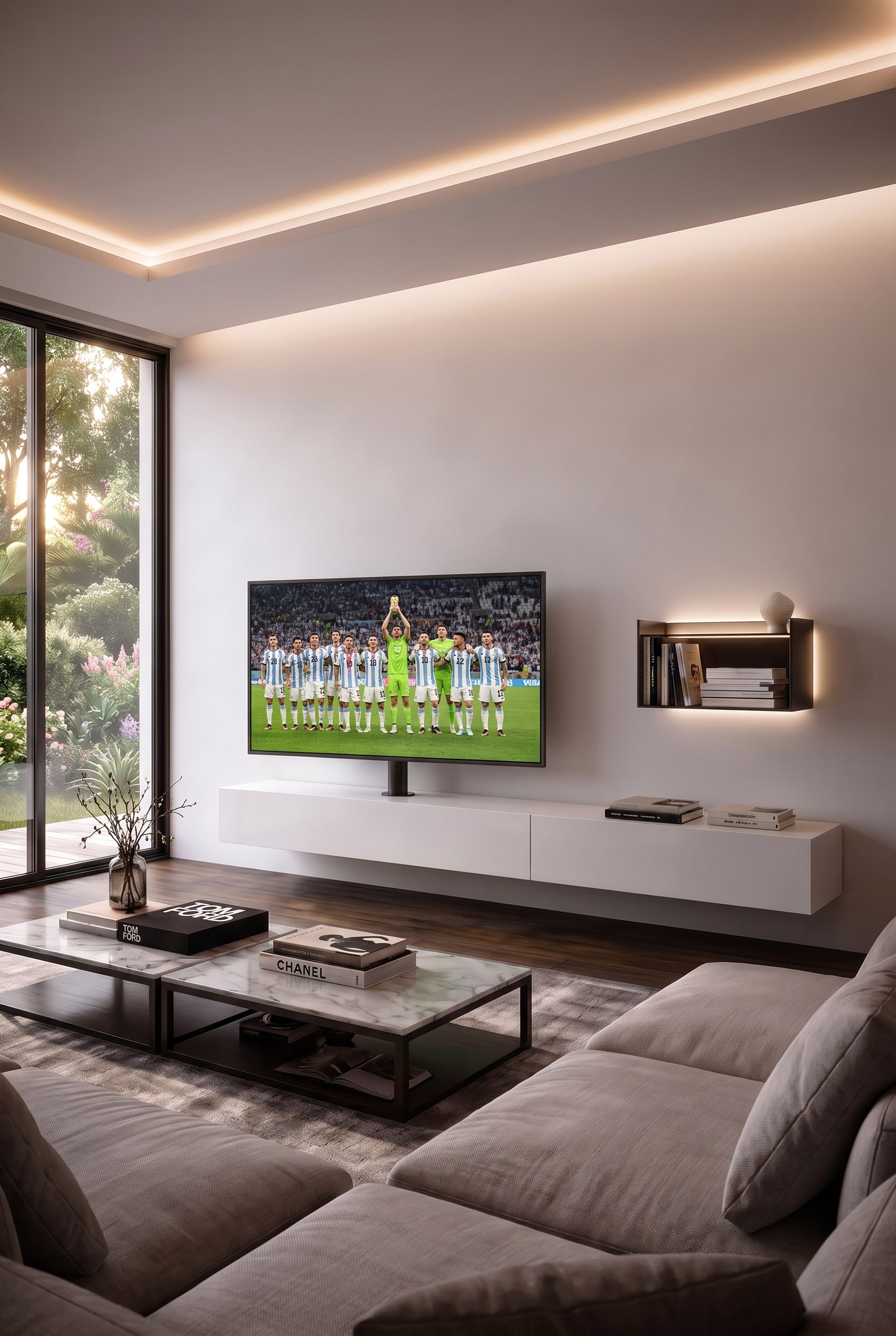 Modernes Wohnzimmer mit weißem TV-Lowboard, schwebender drehbarer Fernsehhalterung und grauer Polstercouch vor großen Fenstern
