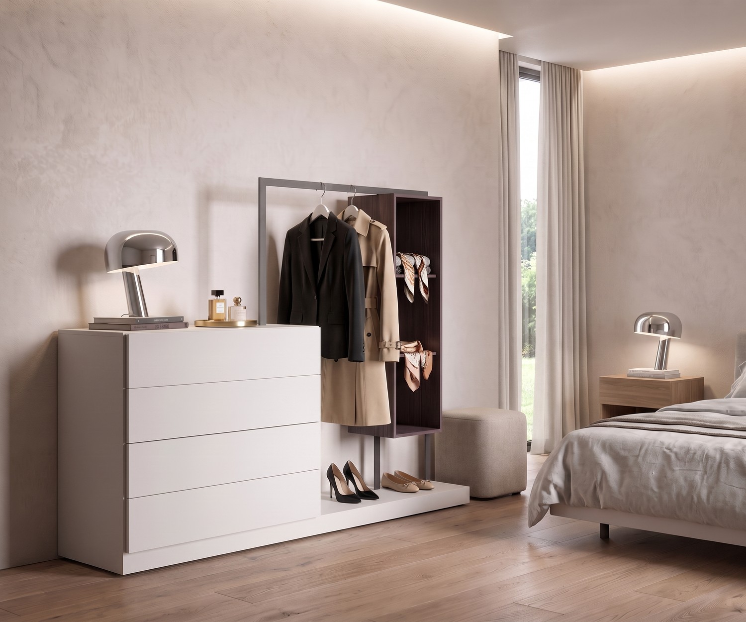 Novamobili Kommode Easy 4 mit Garderobe Schlafzimmer Kommode mit Garderobe Easy 4 von Novamobili. Weißer stummer Diener mit Kleiderstange und Regal.