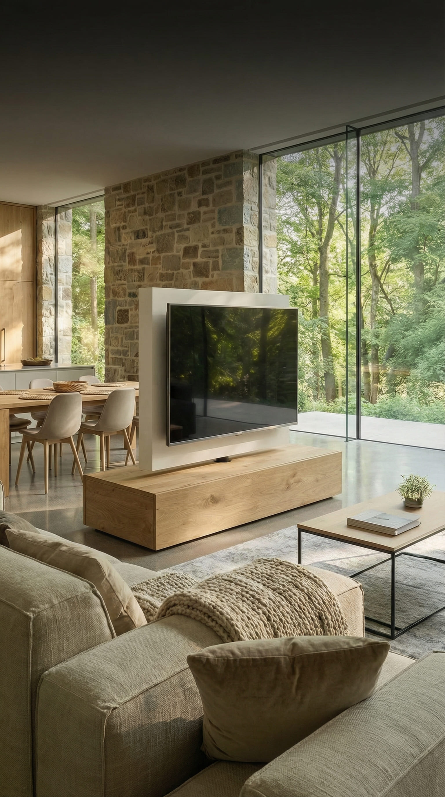 Freistehender Roto TV Raumteiler drehbar in offenem Loft mit Blick ins Gr&uuml;ne