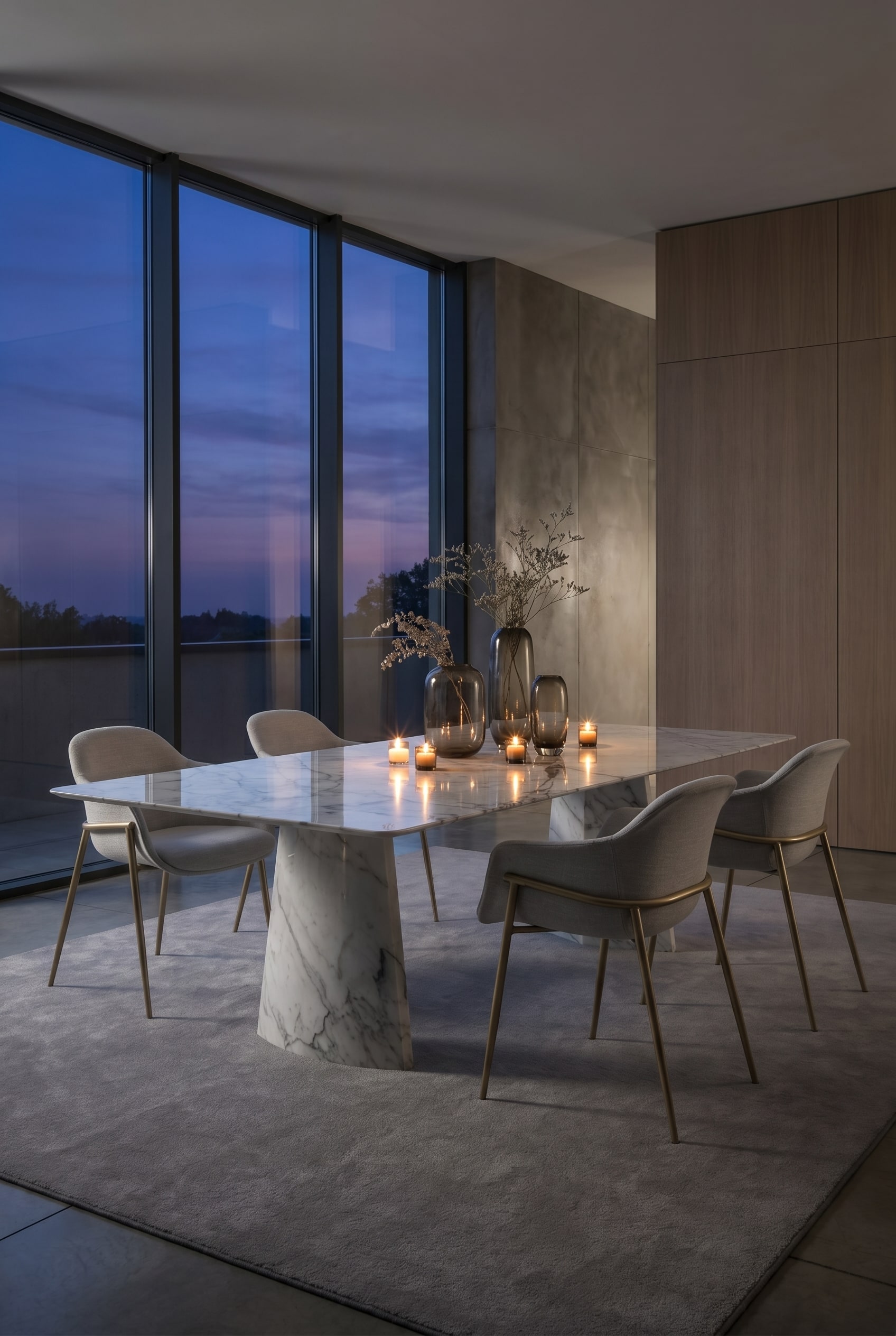 Luxuriöses Esszimmer im Halbdunkel mit einem hellen Marmortisch, rauchigen Glasvasen und schlichten dunkelgrauen Stühlen