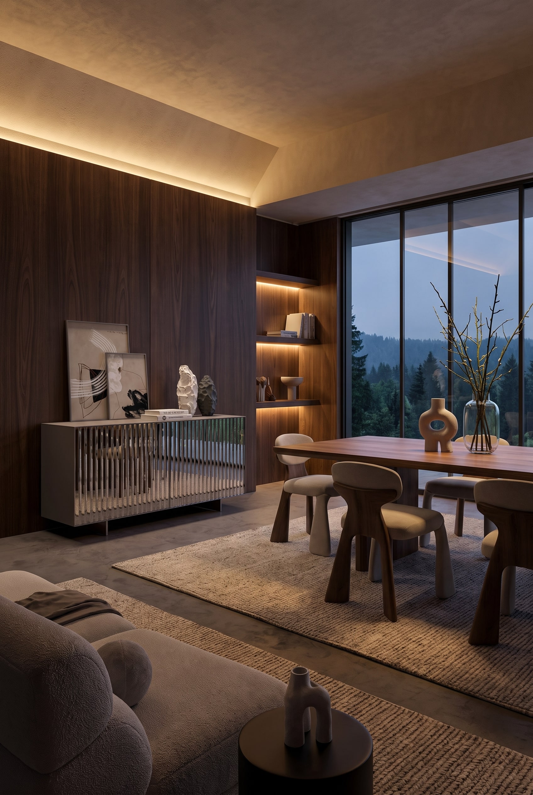Eklektischer Wohnbereich mit einem Sideboard mit reflektierenden Fronten, dekoriert mit Skulpturen und Zweigen in einer Vase