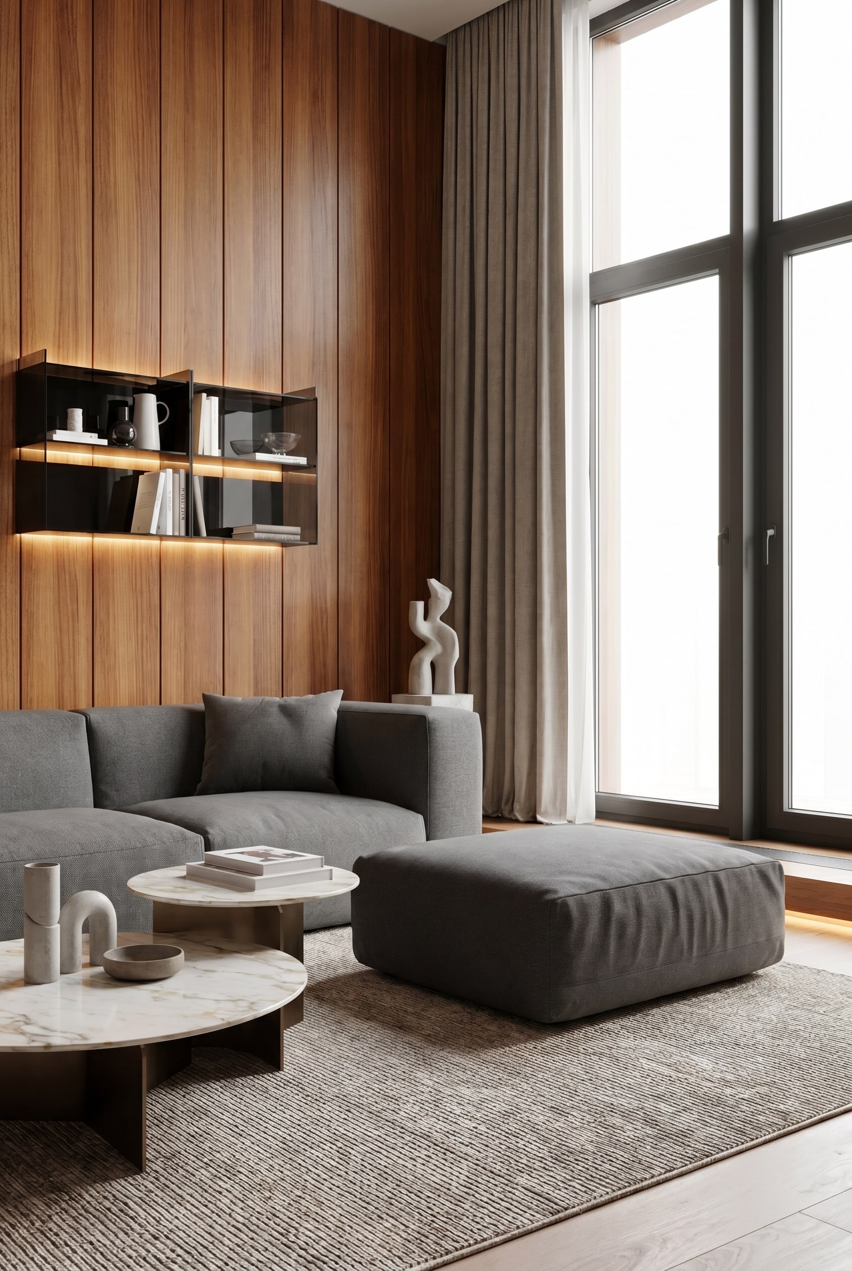 Wohnzimmer mit vertikaler Holzverkleidung und einem niedrigen, kissenartigen Pouf in Moosgr&uuml;n auf dem Boden
