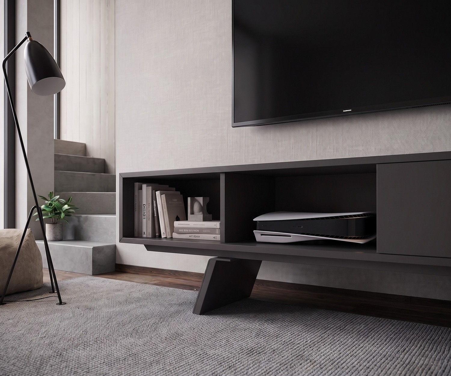 al2 e-klipse 005 TV-Lowboard mit offenen Fächern al2 e-klipse 005 TV-Lowboard als TV-Unterschrank im modernen Wohnzimmer. Dunkelgraues Design-Möbel mit offenen Fächern.