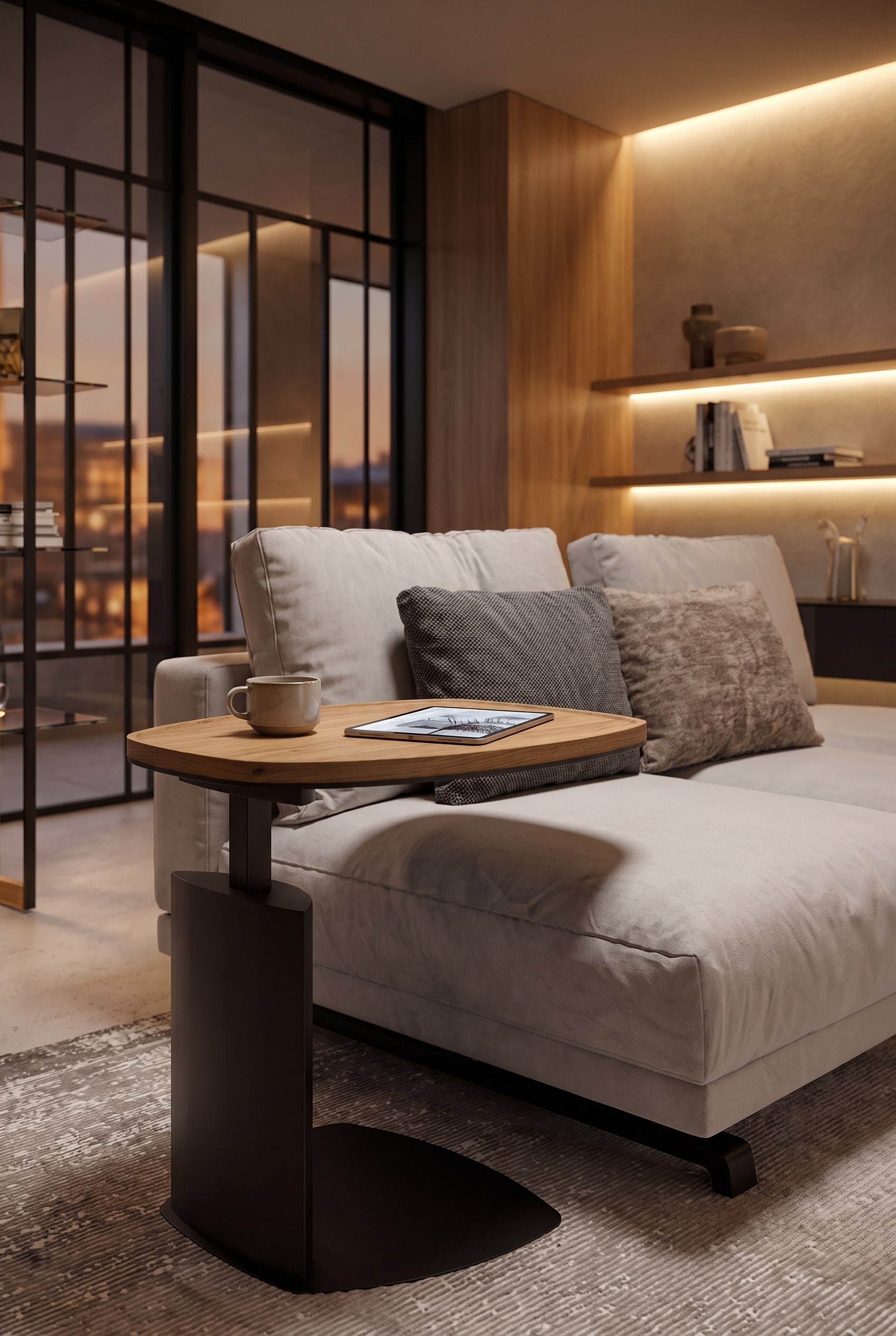 Kompaktes Wohnzimmer mit einem modernen C-förmigen Beistelltisch aus schwarzem Metall, der platzsparend über die Sitzfläche eines grauen Sofas geschoben ist.