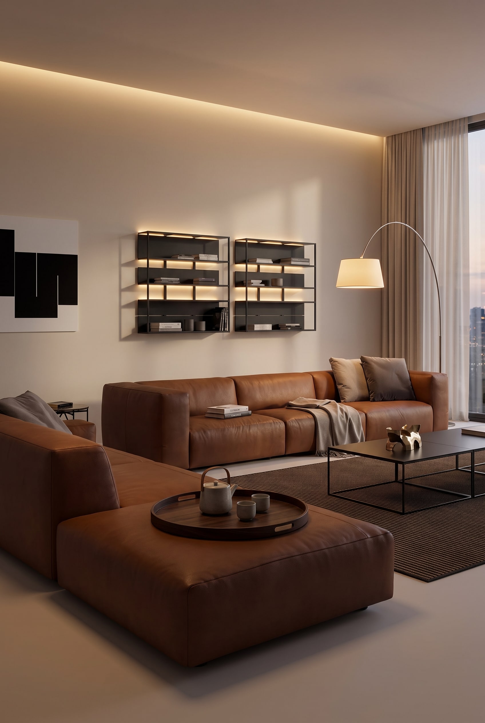 Freistehender Hocker neben einem edlen Ledersofa als flexible und stilvolle Wohnzimmer-Erweiterung.