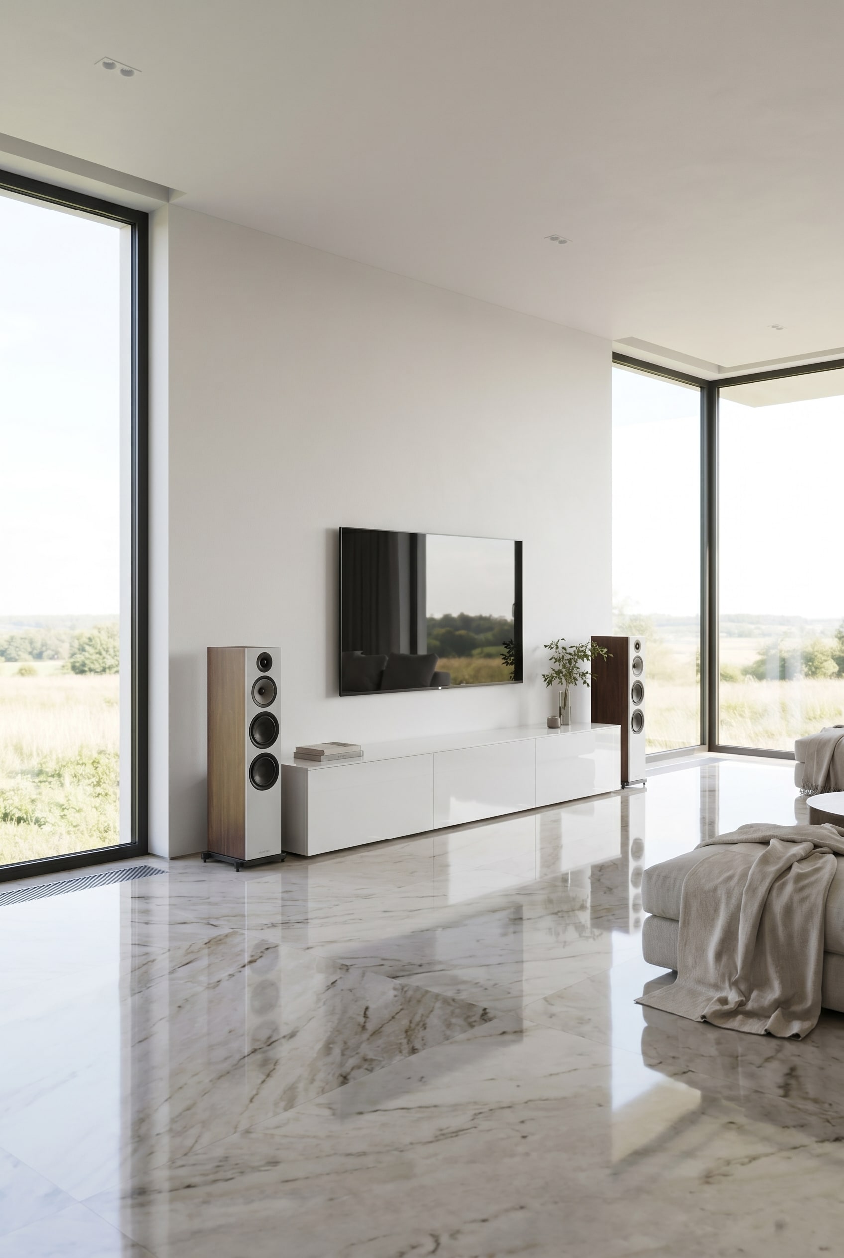 Weitl&auml;ufiges Wohnzimmer mit langem, wei&szlig;em Hochglanz-Lowboard und perfekt symmetrisch platzierten High-End Lautsprechern