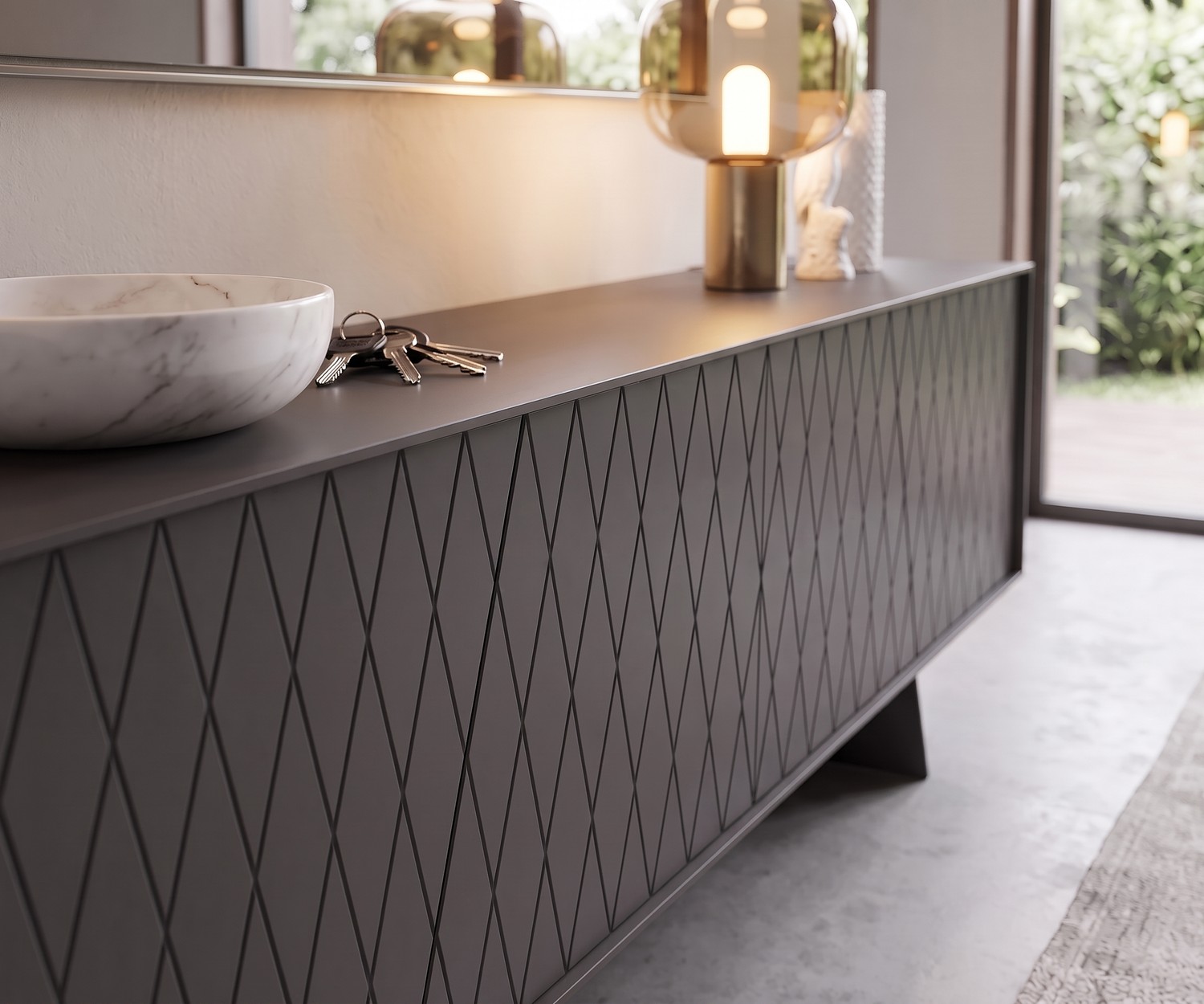 Design Sideboard al2 e-klipse 003 mit Rautenmuster für den Flur. Dunkelgraue Kommode mit Dekoschale und moderner Lampe.