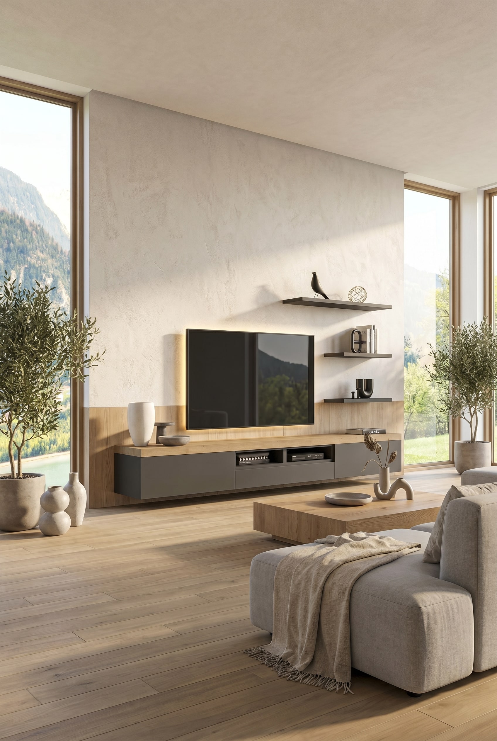 Extrabreites Lowboard im Landhausstil mit Holzplatte und asymmetrisch platziertem Fernseher