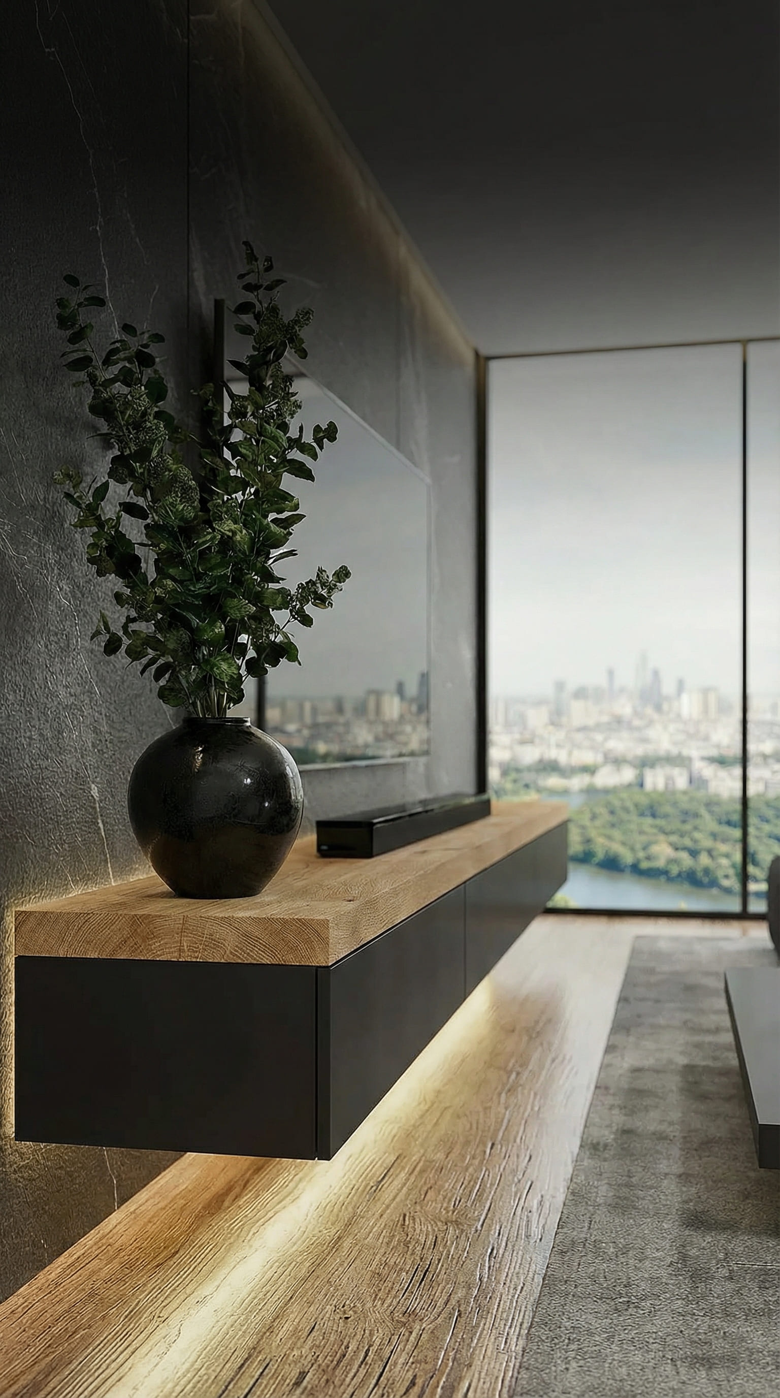 Design Lowboard mit dicker Eichenholzplatte und dunklem Korpus Design Lowboard mit dicker Eichenholzplatte und dunklem Korpus