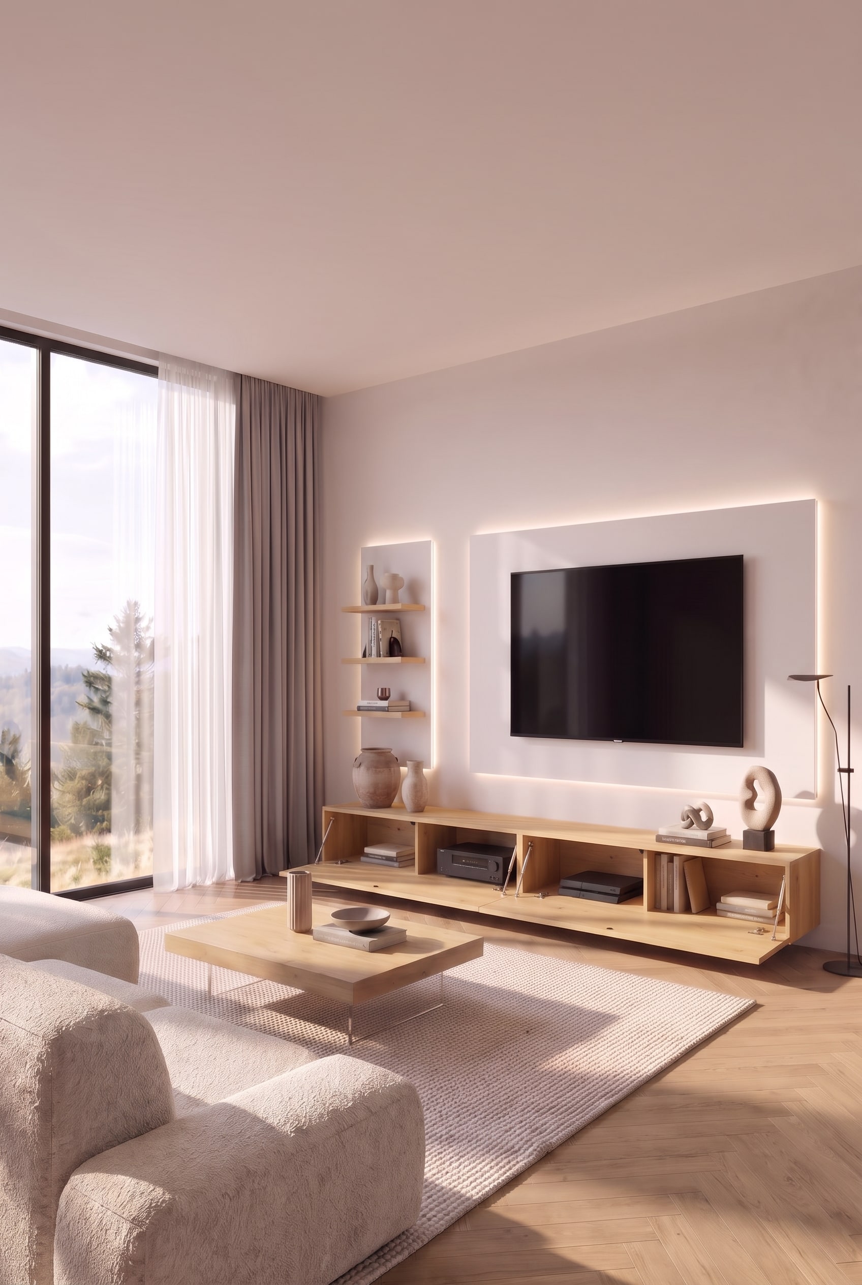 Detailansicht einer modernen Wohnwand mit grifflosen, b&uuml;ndigen Klappt&uuml;ren aus Holz im Wohnzimmer