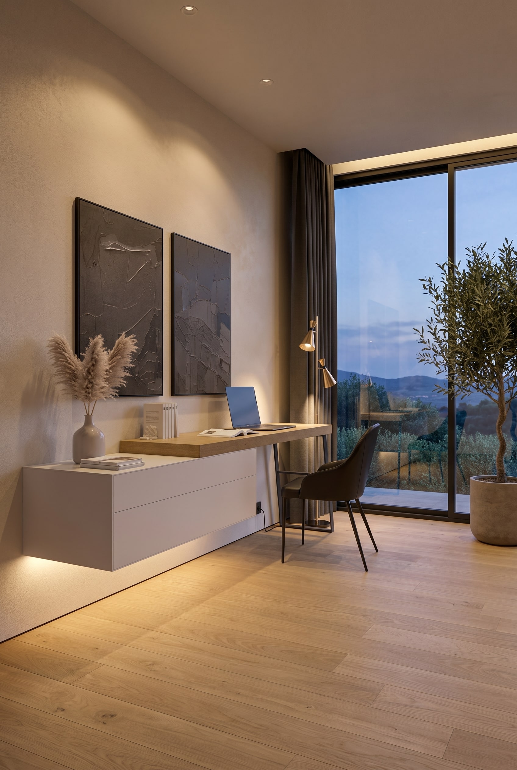 Kompaktes Arbeitszimmer mit einer schwebenden weißen Livitalia Ecletto Wandkommode und Schreibtisch