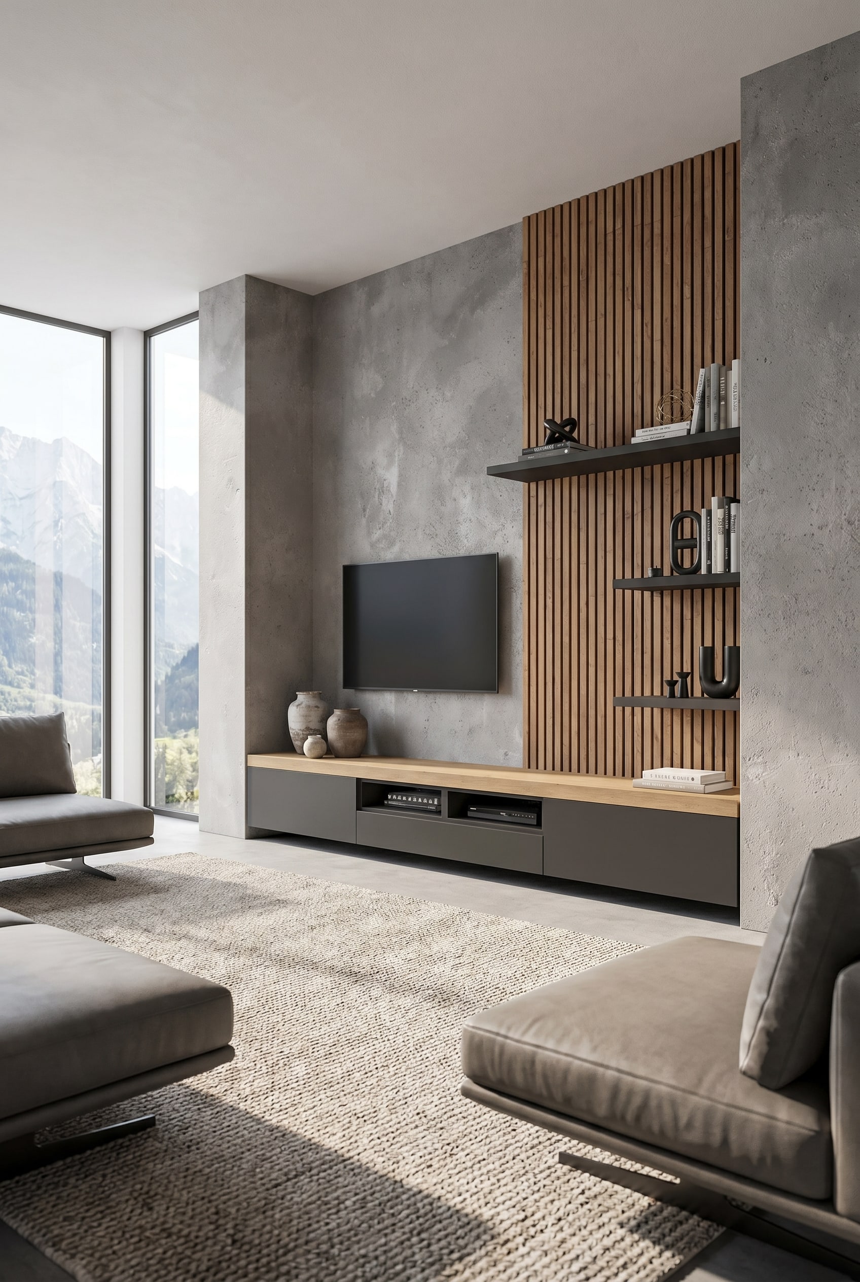 Langes, ma&szlig;gefertigtes Lowboard in mattem Grau, das die gesamte Wandbreite eines minimalistischen Wohnzimmers einnimmt