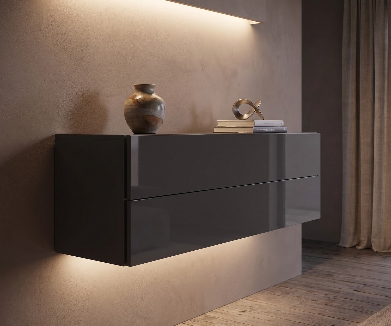 Novamobili Hängekommode Easy in Quarzgrau Hängekommode Easy von Novamobili für das Wohnzimmer in Quarzgrau Hochglanz, modernes schwebendes Sideboard mit LED-Licht