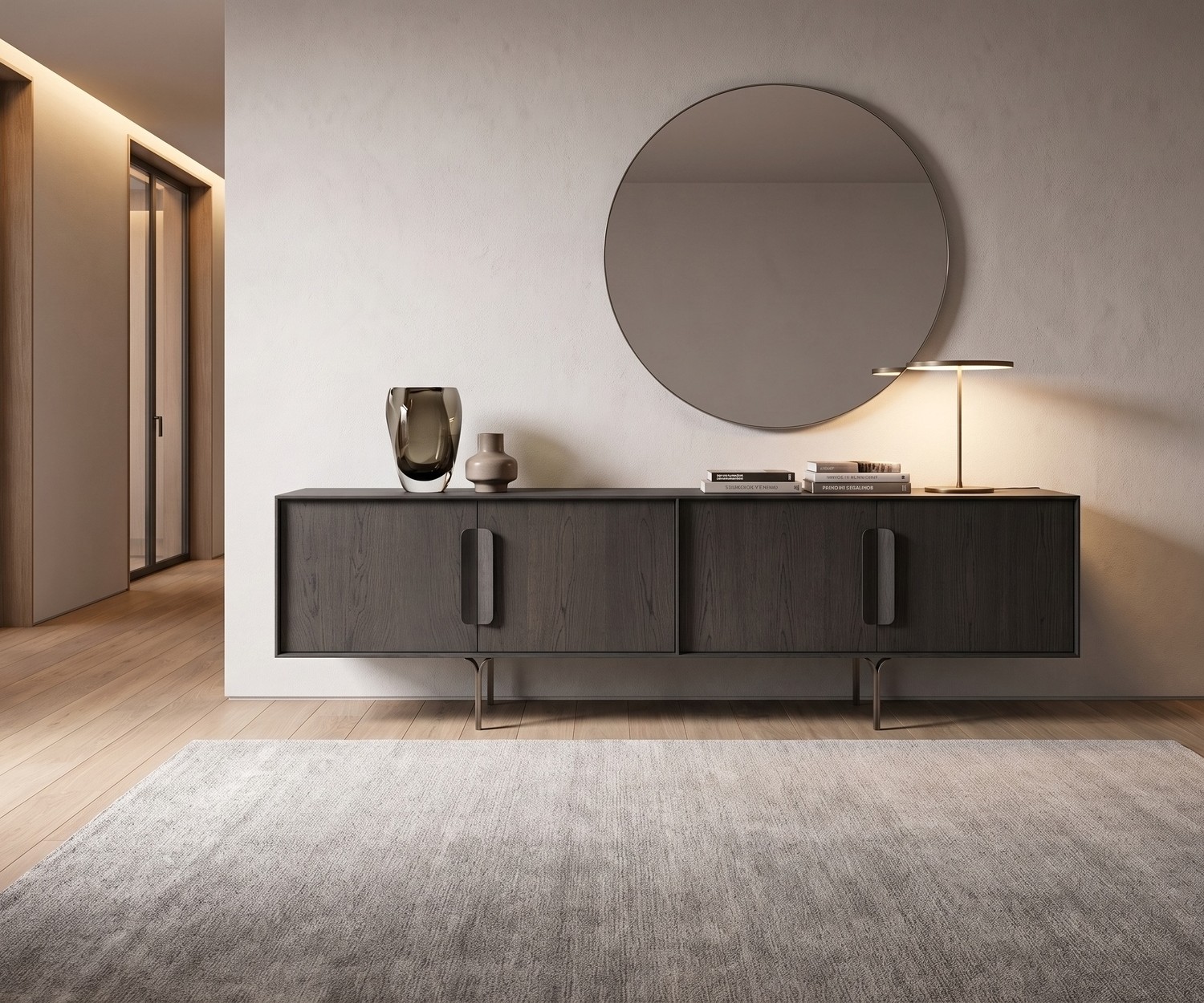 al2 Mobius 003 Design Sideboard aus dunklem Holz al2 Mobius 003 Design Sideboard aus dunkler Carbone Eiche im minimalistischen Wohnzimmer mit großem runden Wandspiegel.