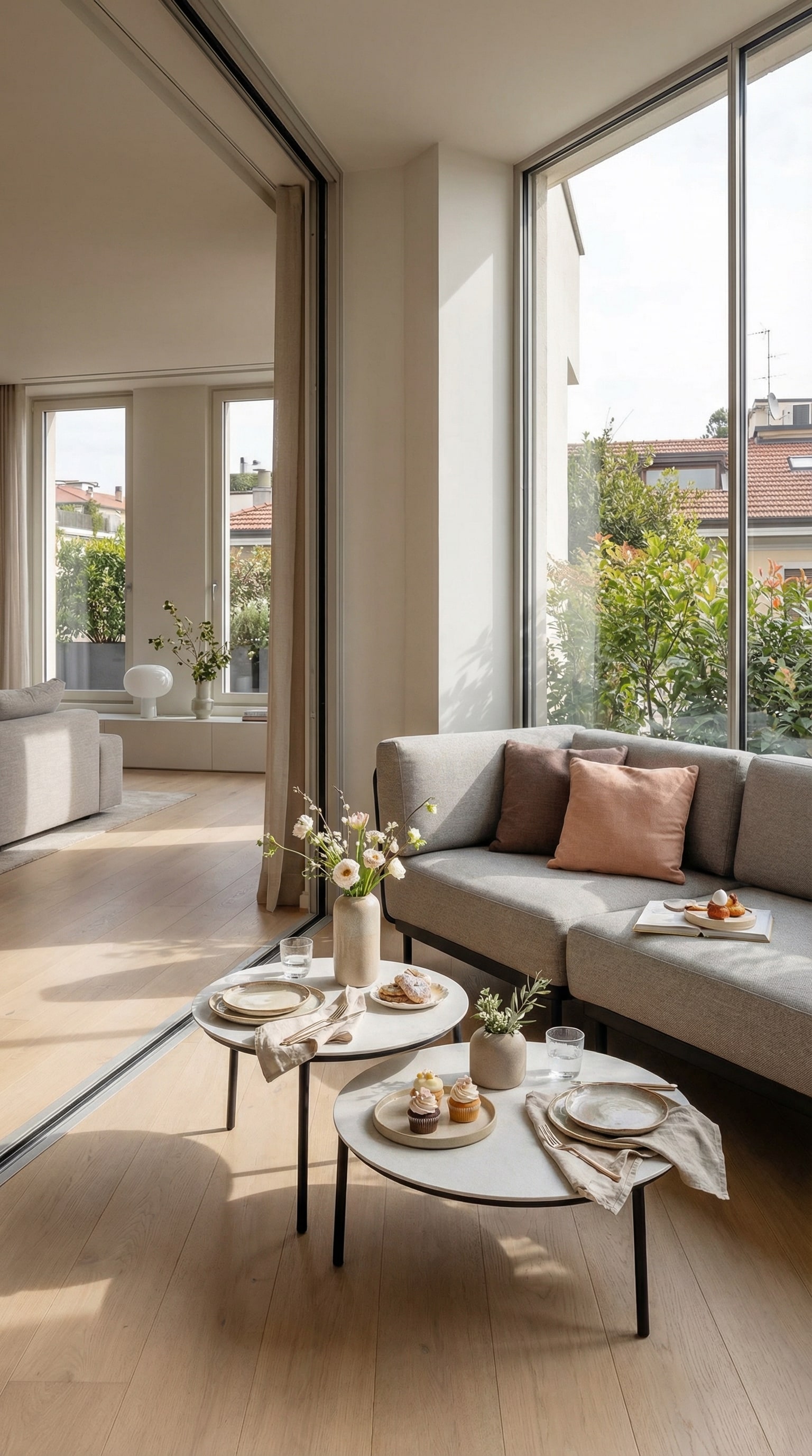 Zierlicher Outdoor Beistelltisch auf einem urbanen Balkon mit großen Fenstern Zierlicher Outdoor Beistelltisch auf einem urbanen Balkon mit großen Fenstern