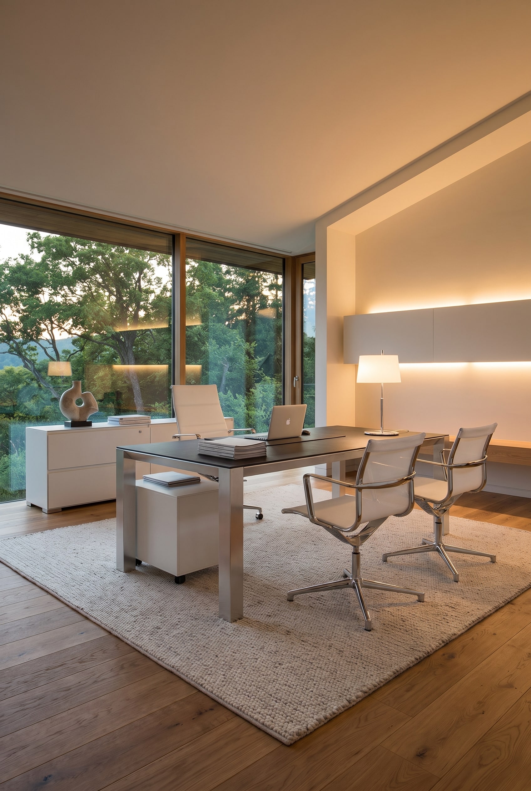 Gro&szlig;z&uuml;giges Manager-B&uuml;ro mit einem breiten Schreibtisch aus Aluminium und Leder, dazu bodentiefe Fenster und ein heller Teppich
