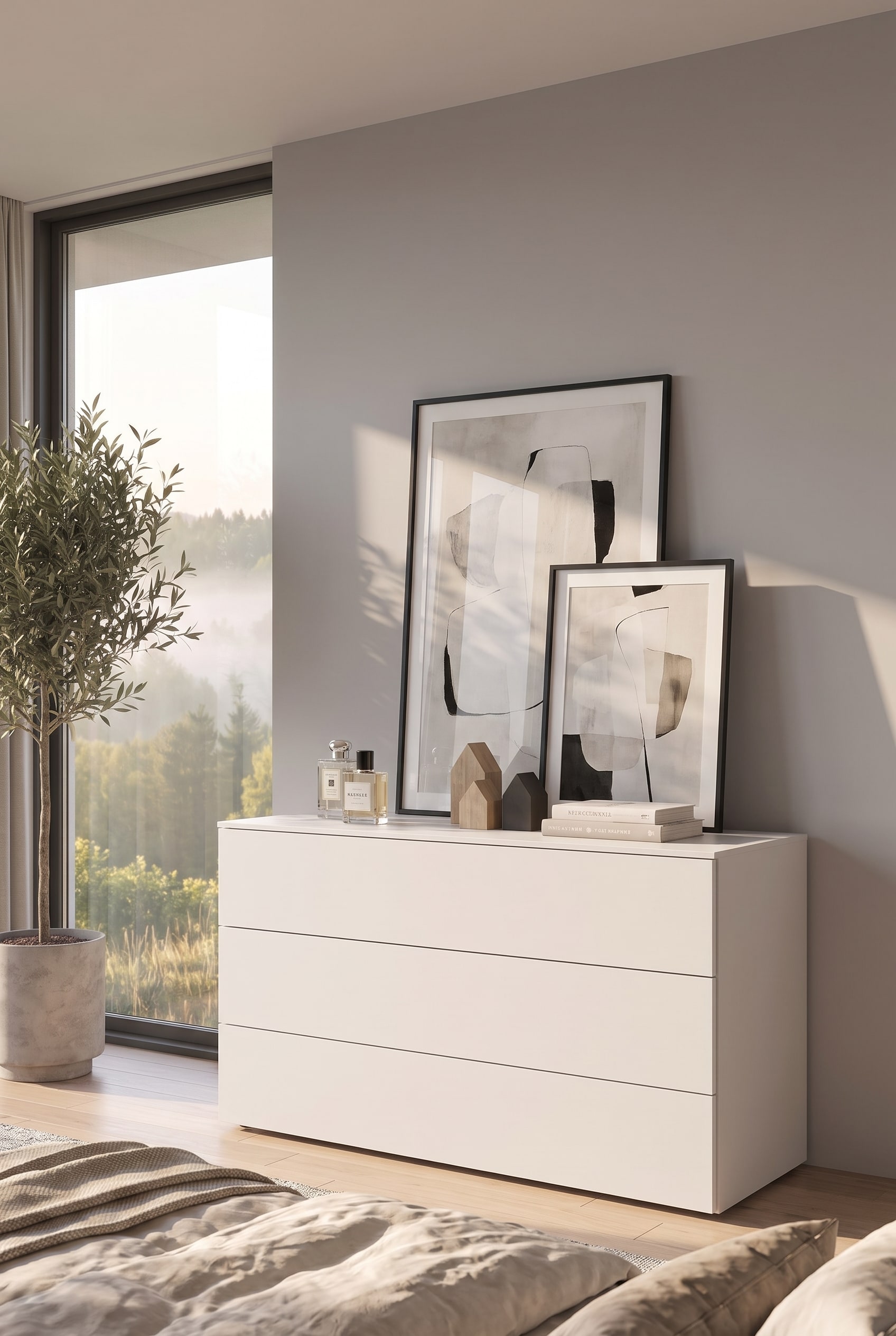 Zwei moderne, gerahmte Kunstwerke unterschiedlicher Größe, die leicht überlappend auf der Deckplatte einer geradlinigen Designer-Kommode an die Wand gelehnt sind.