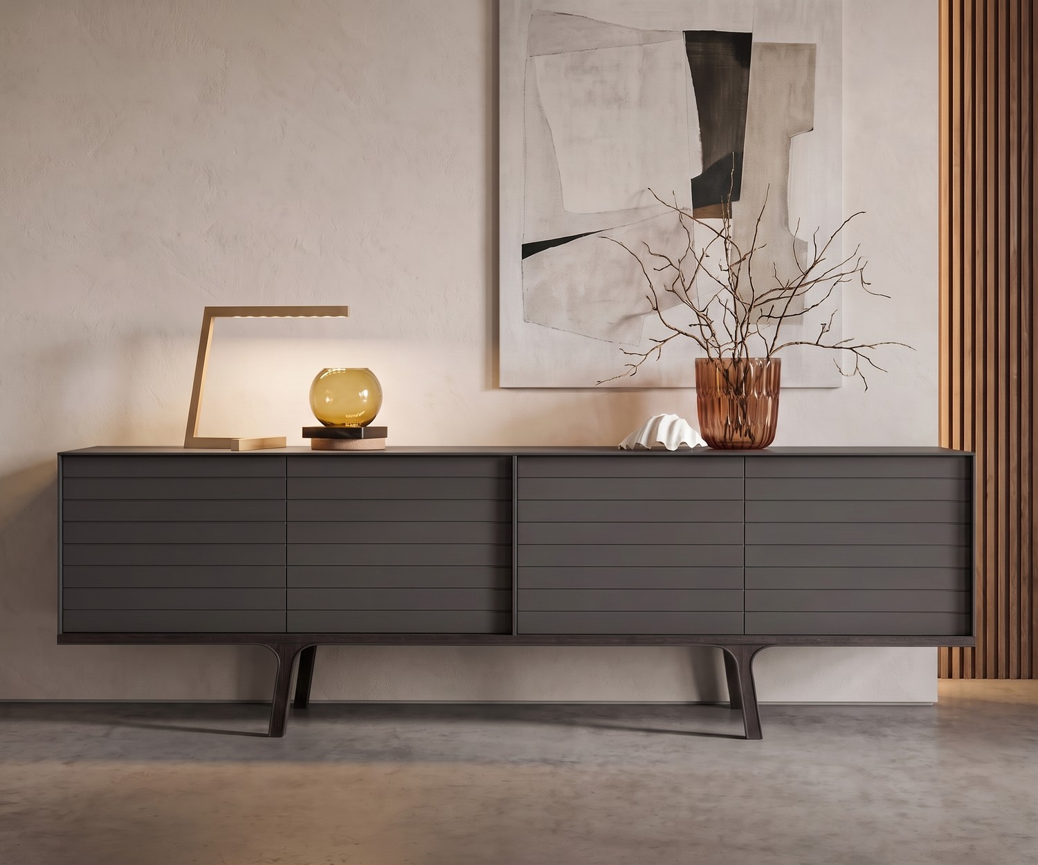 al2 Mobius 002 Design Sideboard in Dunkelgrau al2 Mobius 002 Sideboard fürs Wohnzimmer in Dunkelgrau mit Holzbeinen, minimalistische Dekoration und abstraktes Bild.