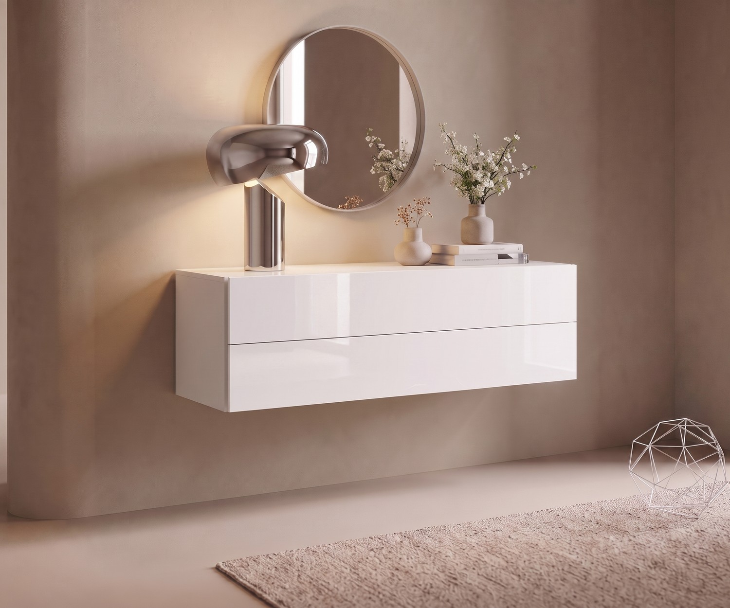 Novamobili Hängekommode Easy für Flur & Wohnzimmer in Weiß Hochglanz, minimalistisches Design mit Spiegel.