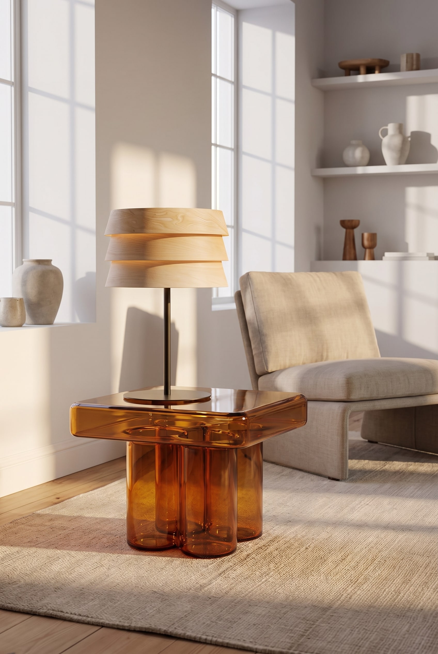 Wohnzimmer mit einem massiven, quadratischen Couchtisch aus gr&uuml;nlichem Muranoglas und einem weichen Leinenteppich