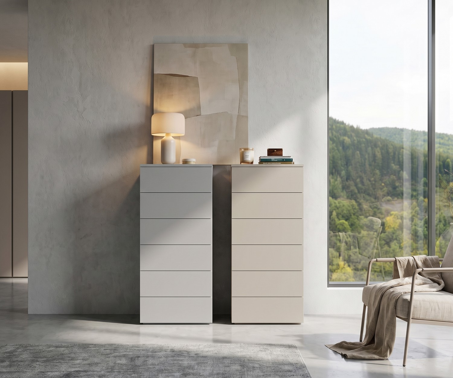 Atena Hochkommode von Livitalia im Schlafzimmer für mehr Stauraum, minimalistische Schubladenkommoden in Weiß und Beige.