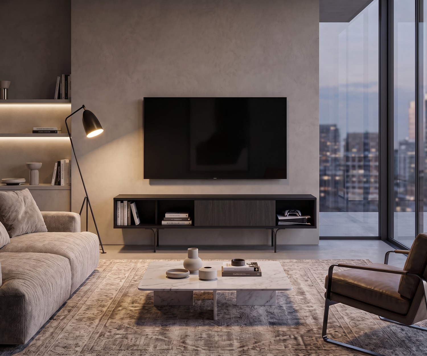 al2 Mobius 005 TV-Lowboard im modernen Wohnzimmer unter dem Fernseher, dunkles Holz mit grazilen Beinen und offenem Fach.