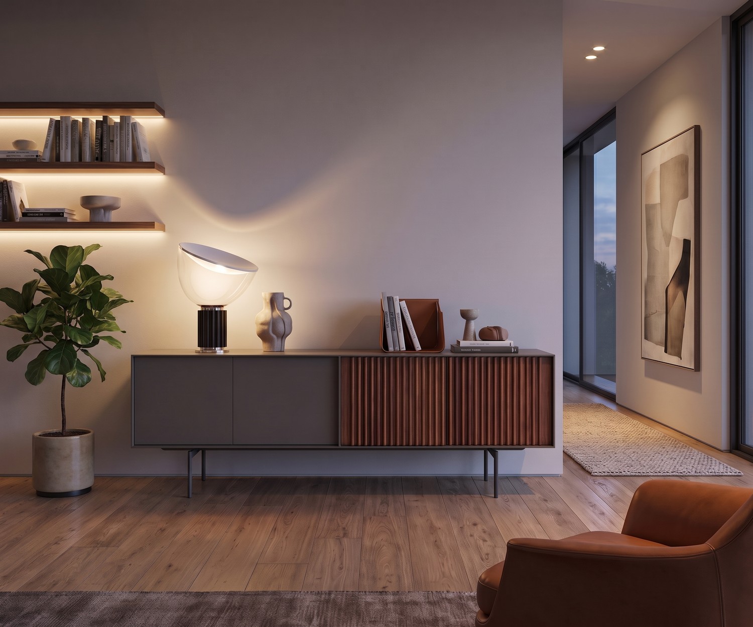 Modernes al2 ka-bera 003 B Sideboard mit Holzlamellen al2 ka-bera 003 B Sideboard im Wohnzimmer. Modernes Design-Sideboard aus grauem Mattlack und warmen Holz-Lamellen.