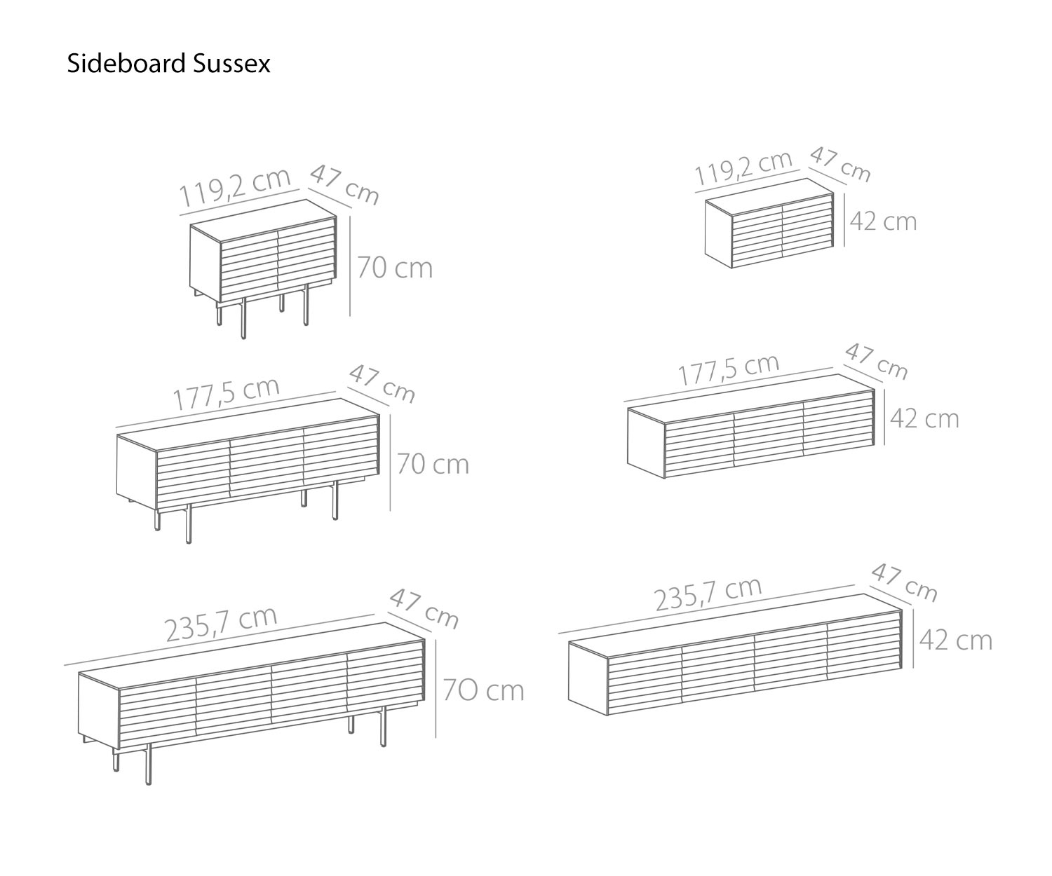 Designer Sideboard Sussex von Punt Breite 119 cm 177 cm 235 cm Skizze Maße Größen