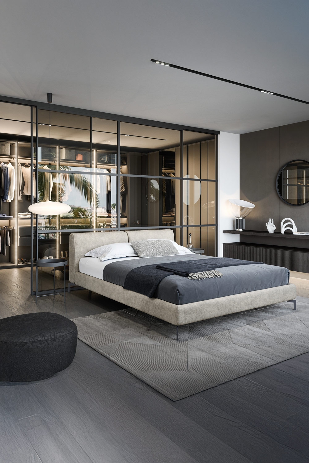 trendig-eingerichtetes-schlafzimmer-mit-luftig-leichter-ausstrahlung-durch-einen-begehbaren-kleiderschrank-und-ein-bett-mit-schlanken-fssen