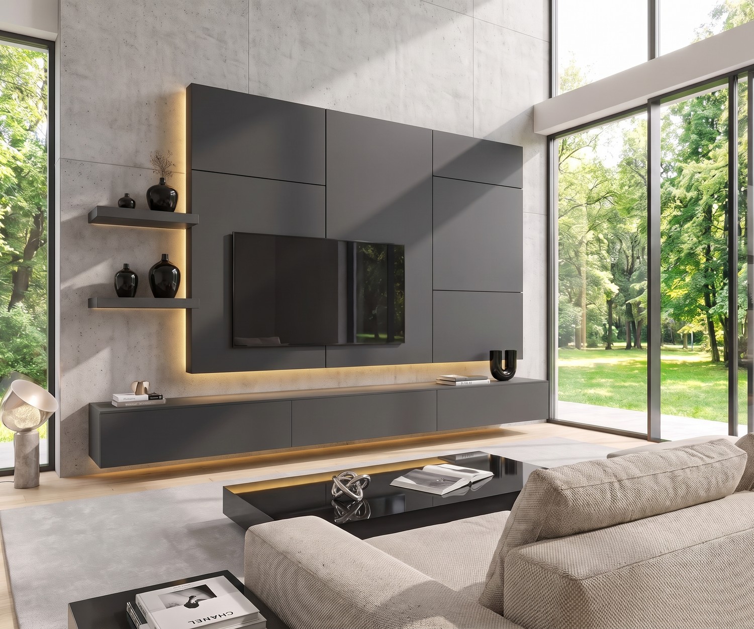 Livitalia Wohnwand C102: Moderne Anthrazit TV-Wohnwand mit hängendem Lowboard, LED-Beleuchtung und Wandpaneel im Wohnzimmer.