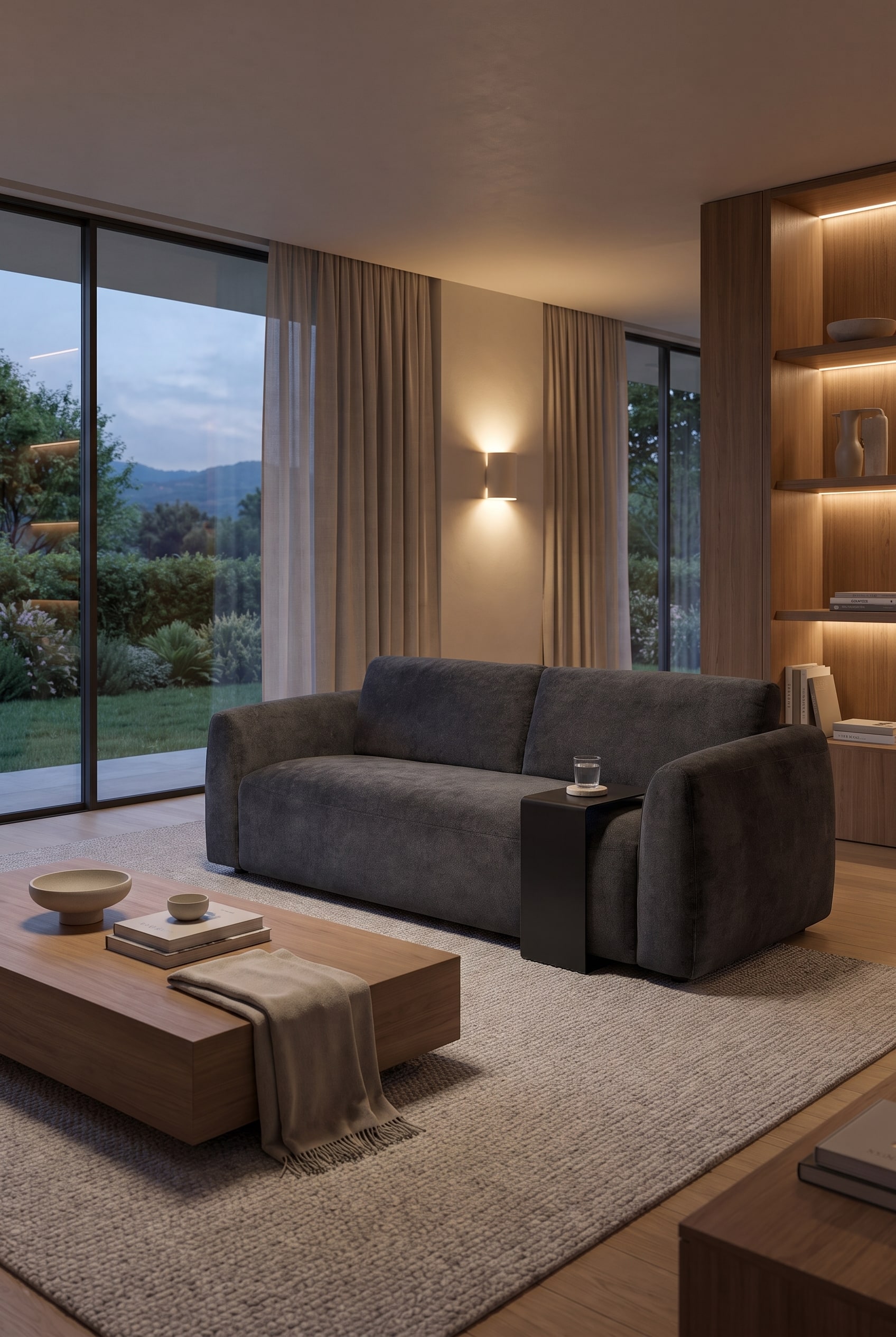 Gro&szlig;z&uuml;giges Wohnzimmer mit dem breiten Schlafsofa Dubleno in Anthrazit, weichen gerundeten Armlehnen, einem weichen Teppich und indirekter Wandbeleuchtung