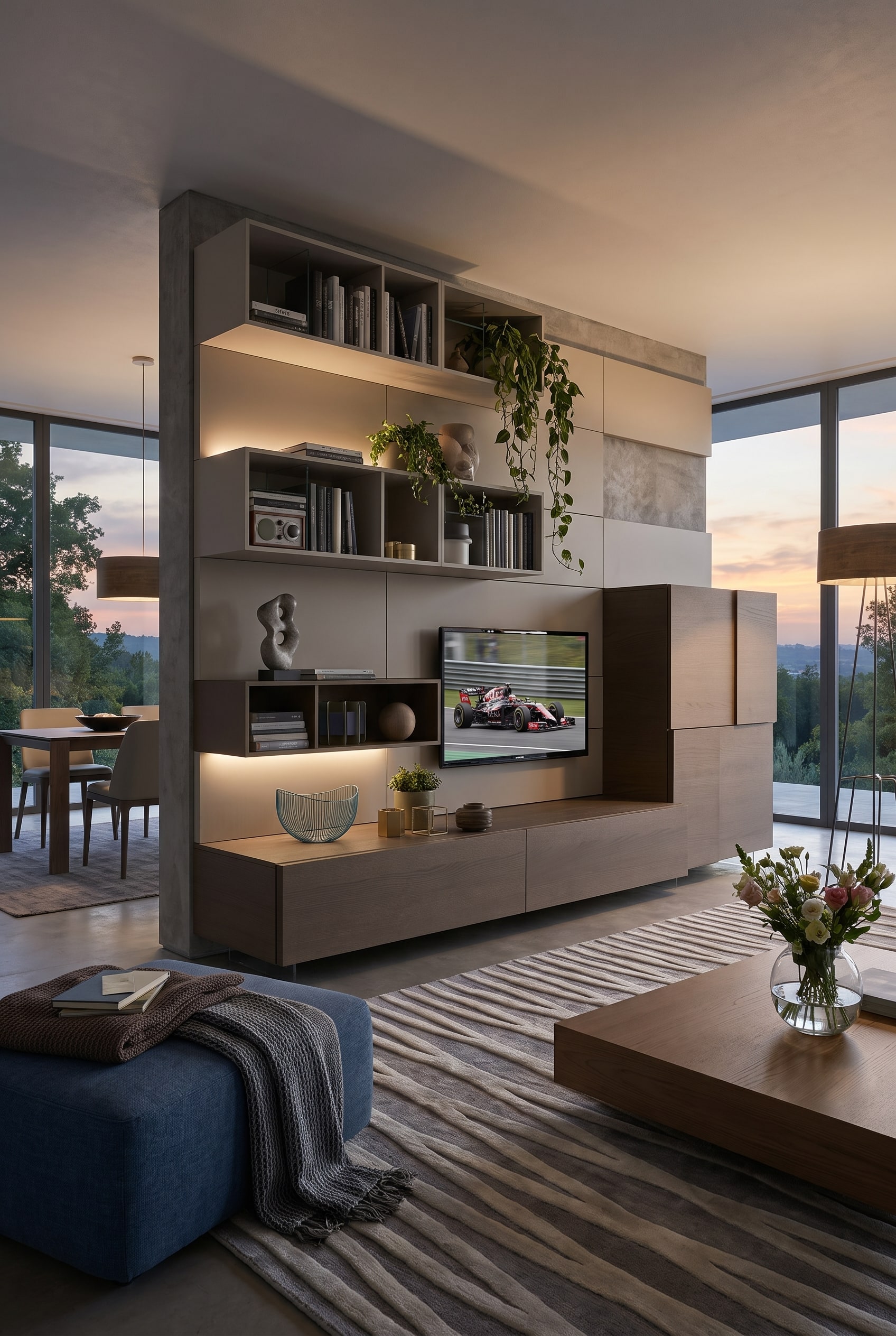 Gro&szlig;z&uuml;giges Wohnzimmer mit einem eleganten, freistehenden Raumteiler-Regal in Holzoptik, das den Loungebereich vom Essbereich abtrennt.