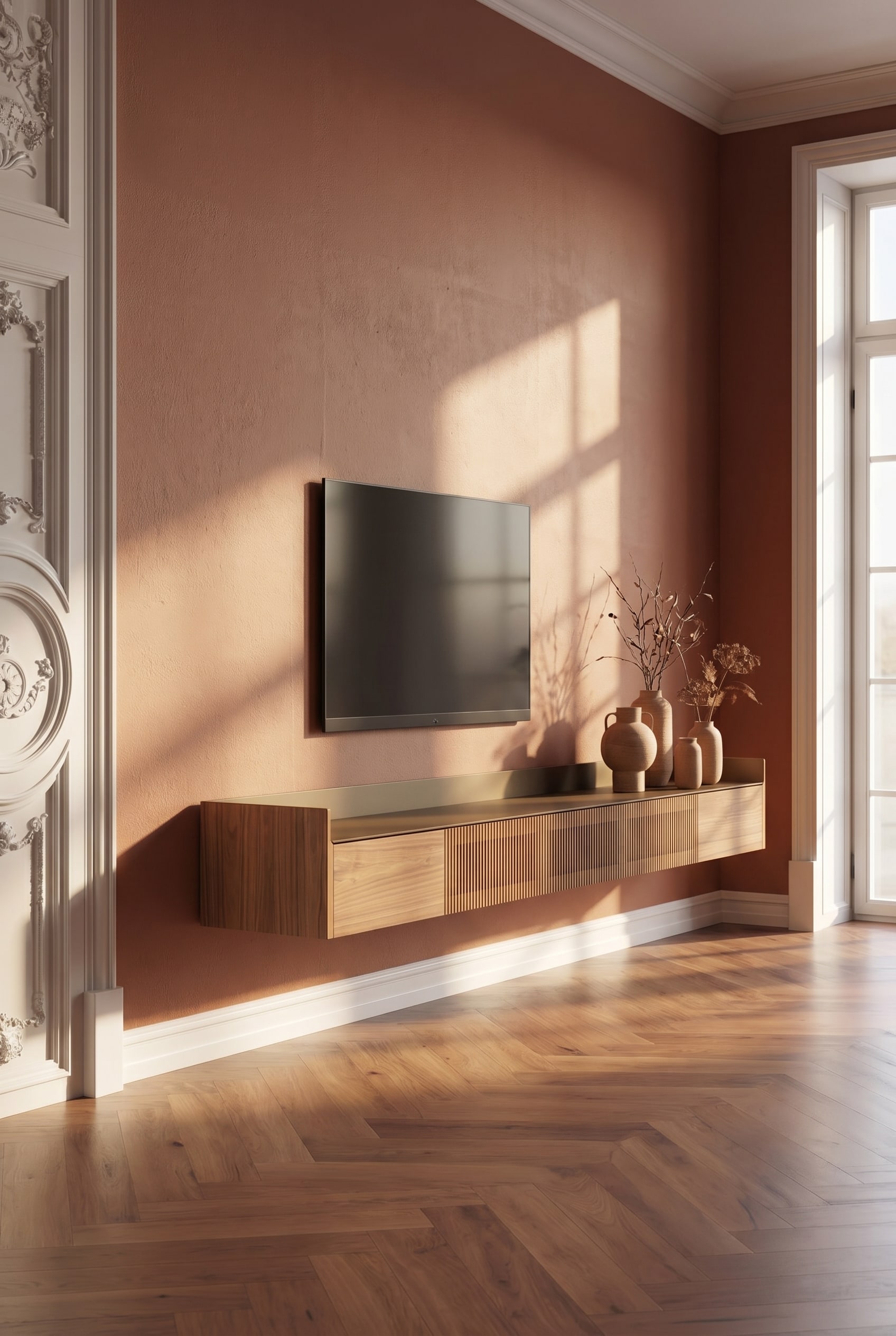 Wohnzimmer mit wandh&auml;ngendem Holz-Sideboard mit Lamellenfront und matten Keramikvasen